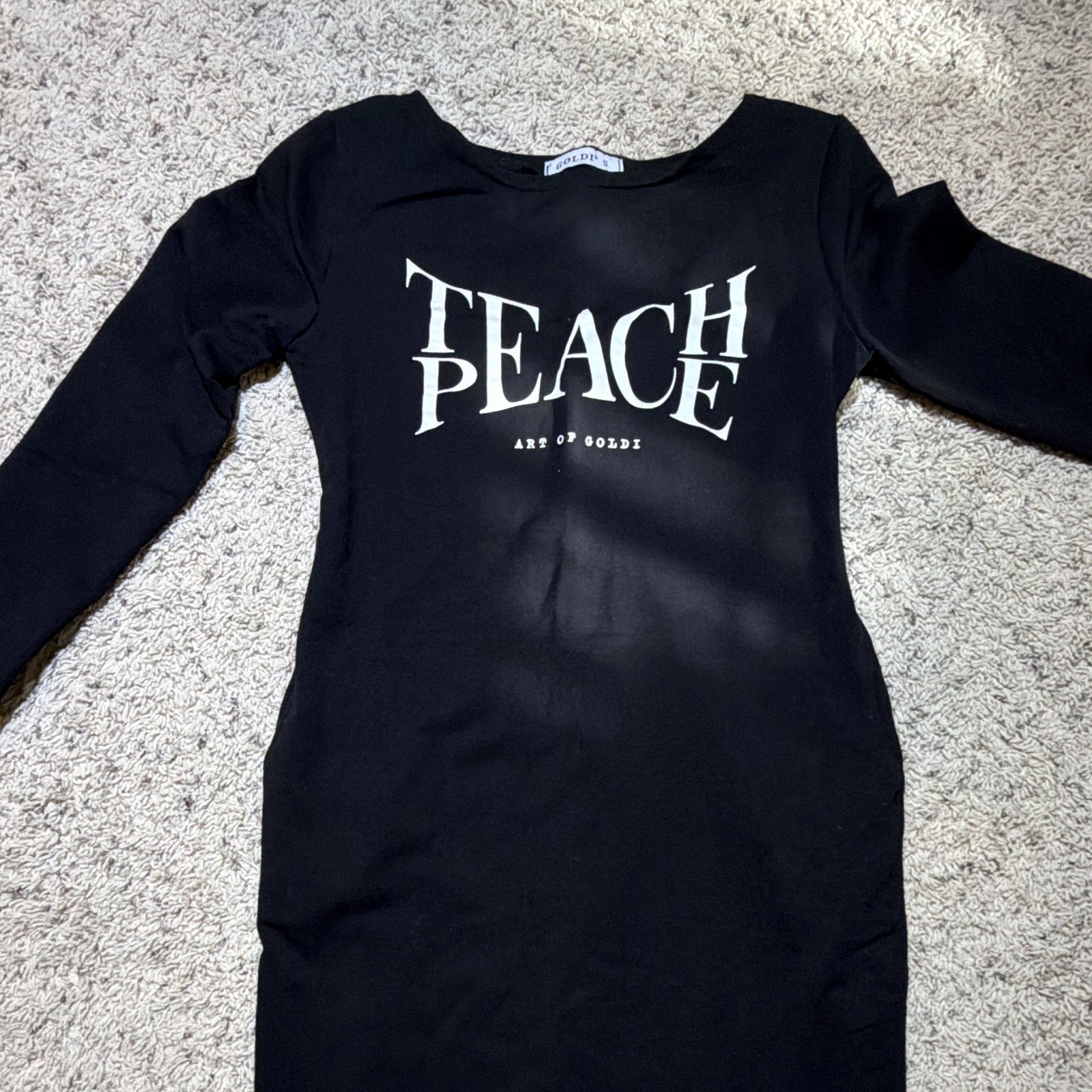 GOLDI’S Black Teach Peace Graphic Bodycon Round Neck Long Sleeve Short Dress S