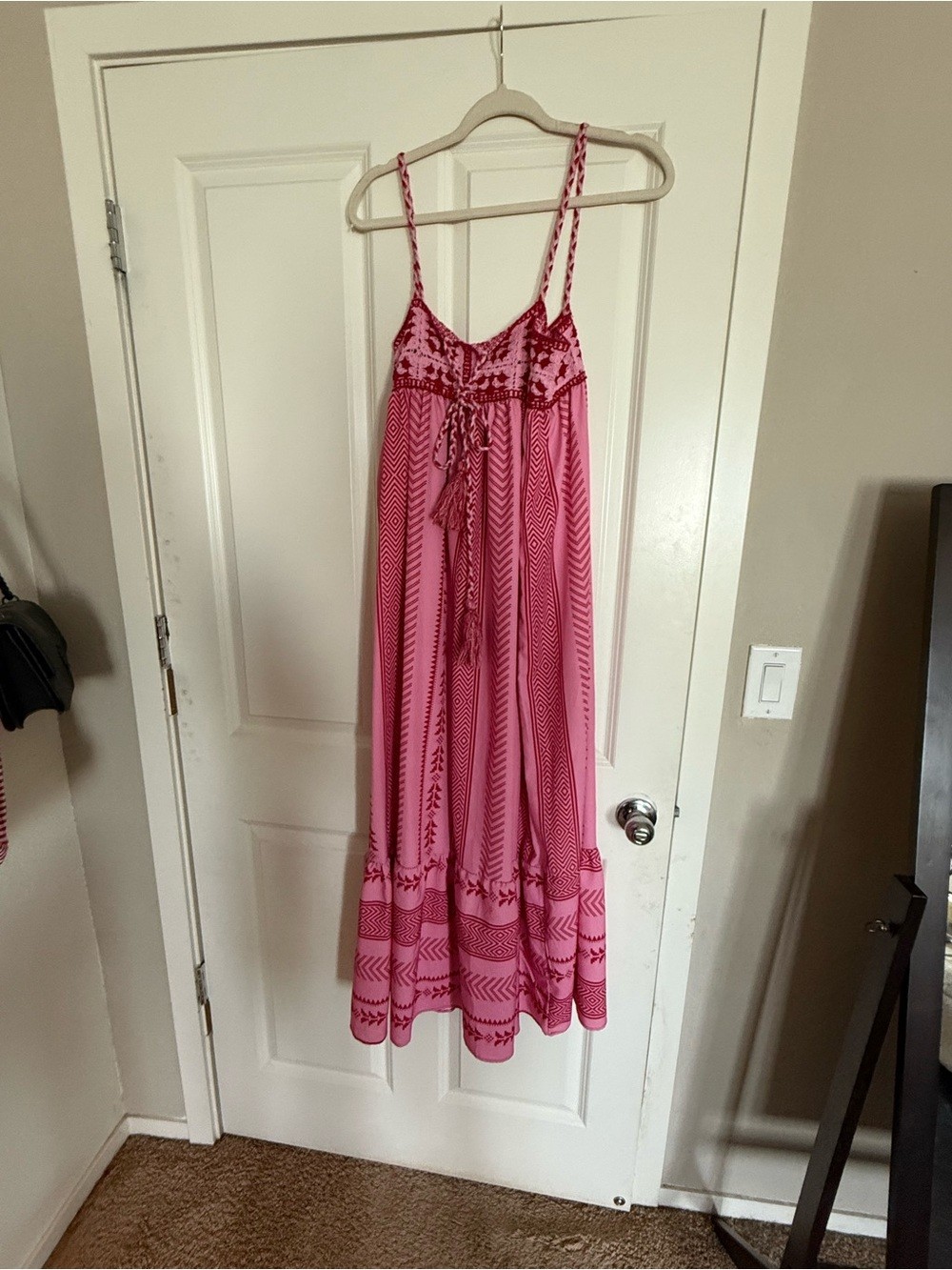 Pink Boho Maxi Dress | Tassel Tie | Women’s Medium