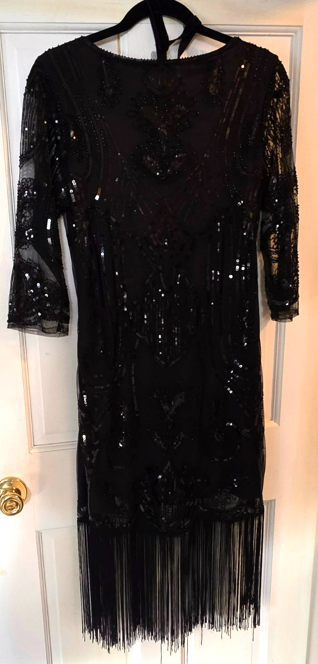Unique Vintage L 10-12 Black Sequin Beaded Fringe Flapper Dress with Headband