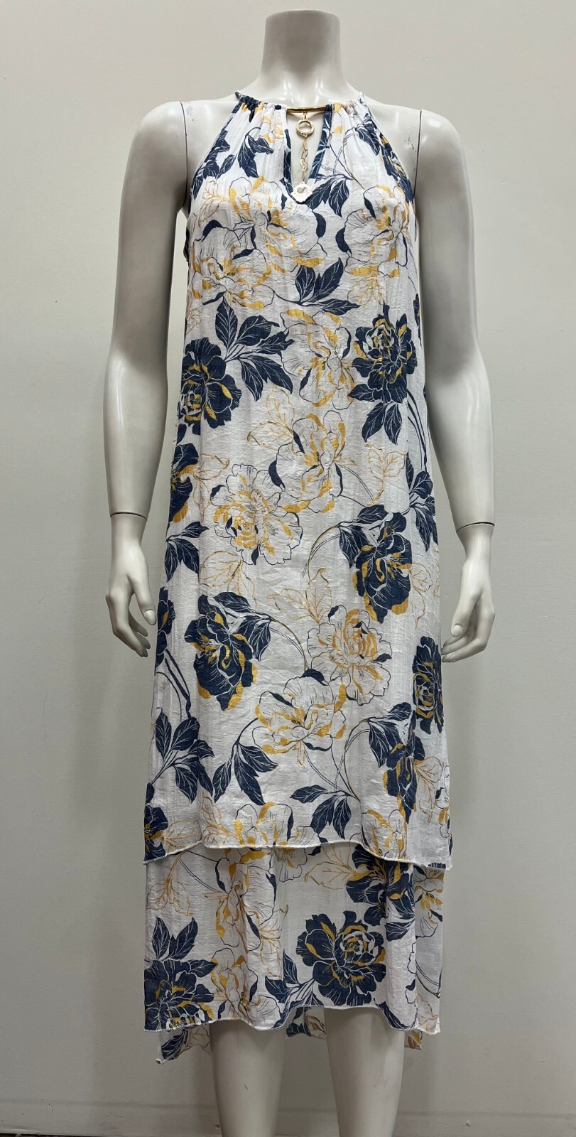 Mlle Gabrielle printed dress,sleevless,gold necklace,ruffled , lined .