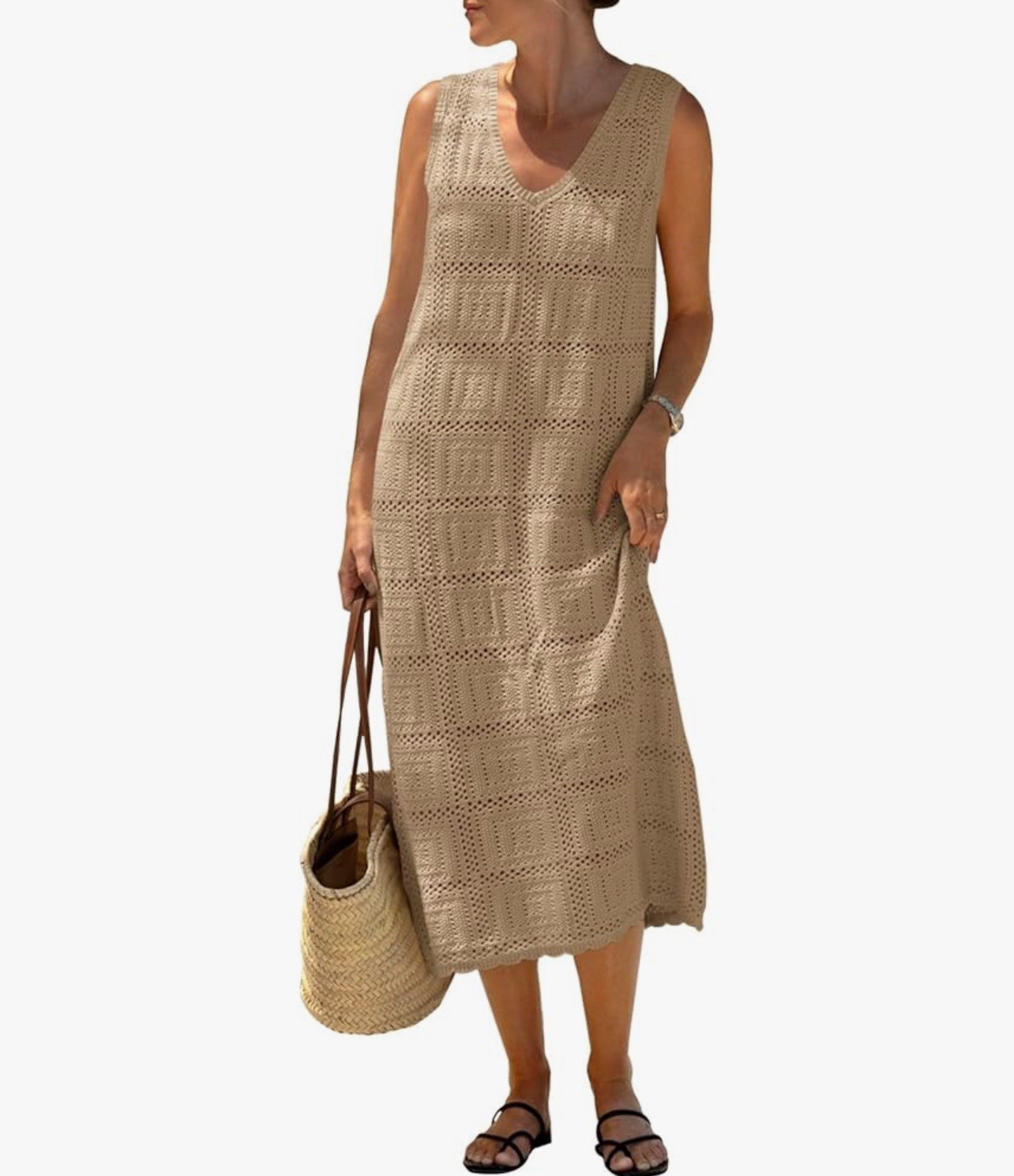Fisoew Womens Crochet Sleeveless Dress Casual V Neck Boho Knit Coverup Midi S