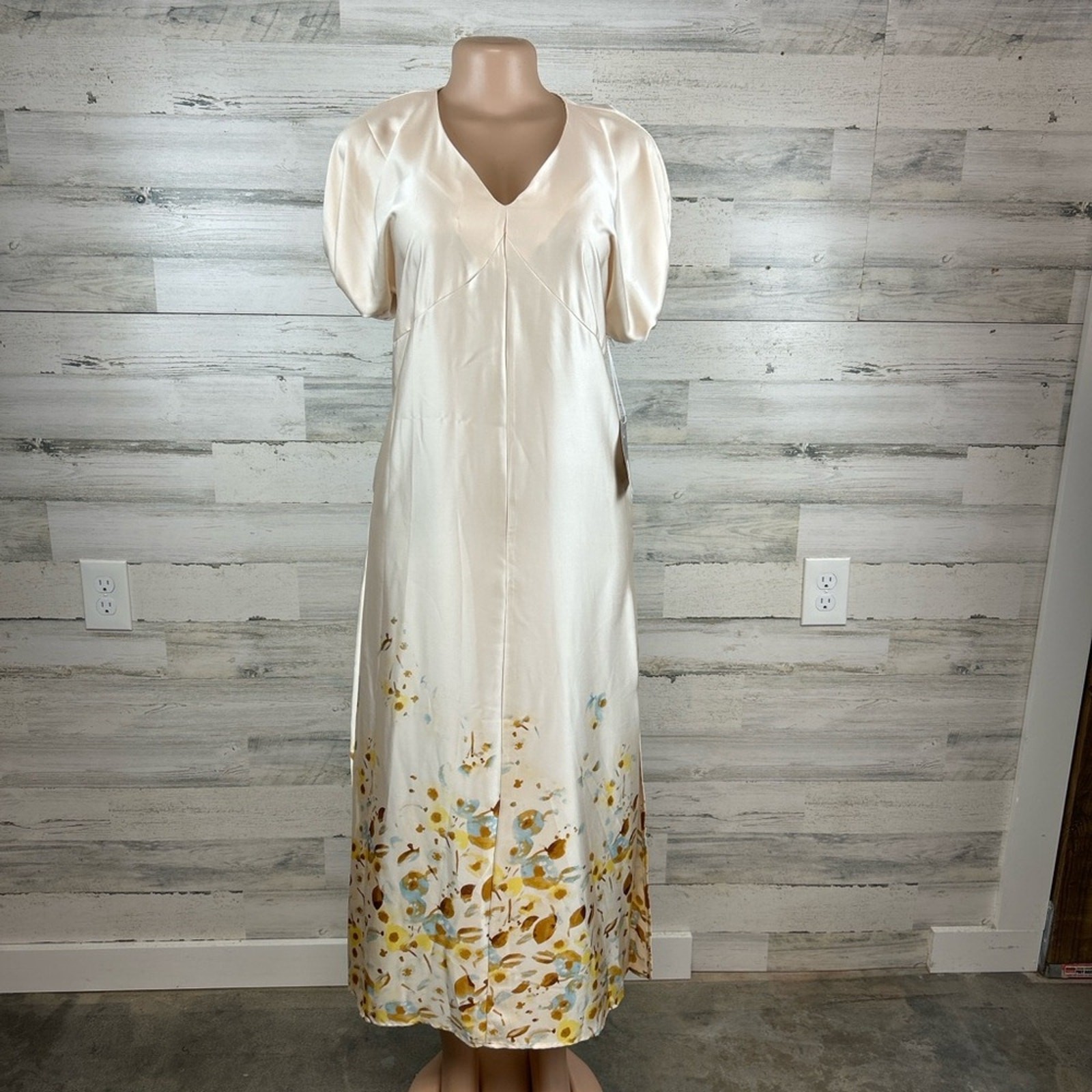 Worthington Champagne Satin Floral Maxi Midi Dress Size 2 NWT New Cottagecore