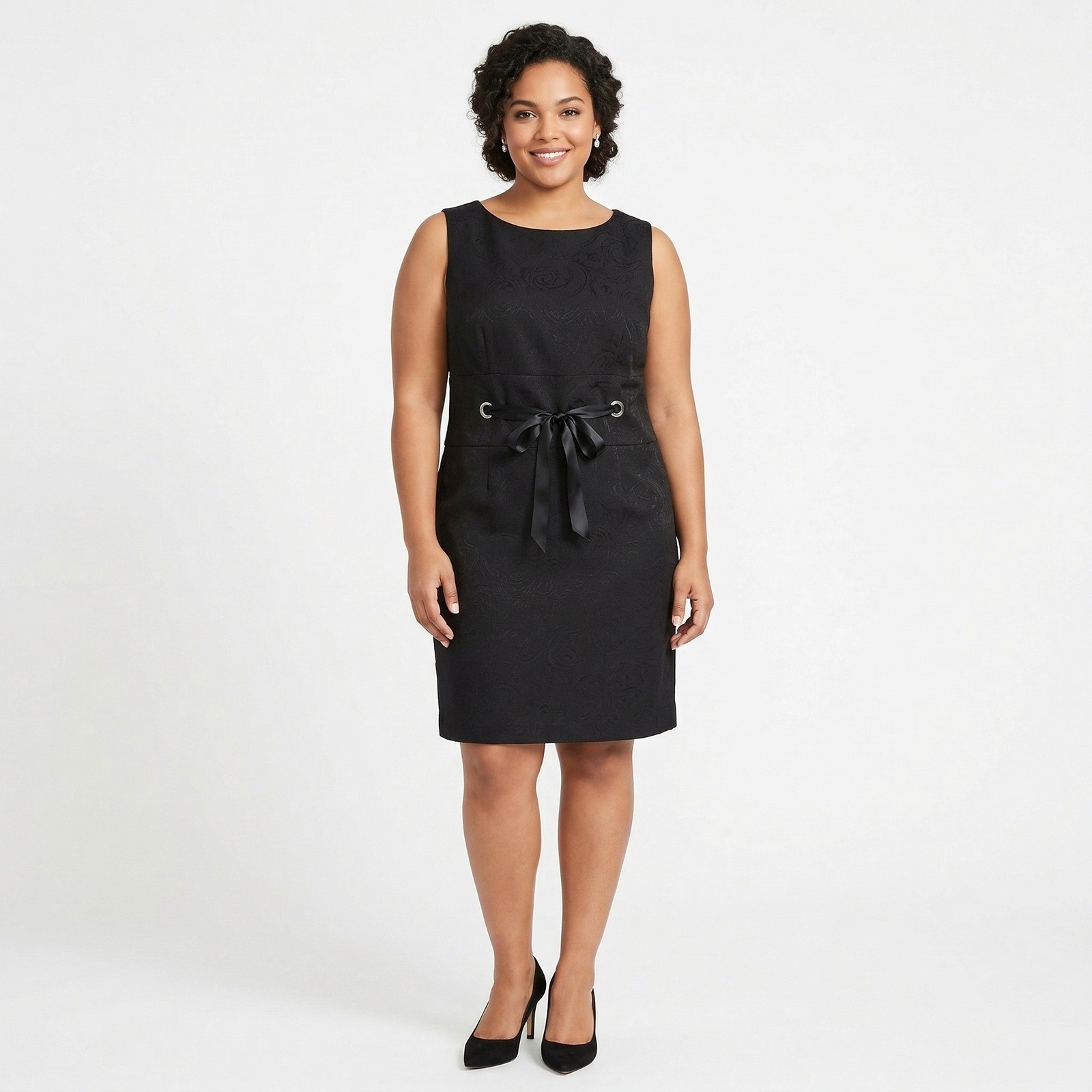 Jade Black Floral Jacquard Sheath Dress Rhinestone Grommet Satin Tie Size 16