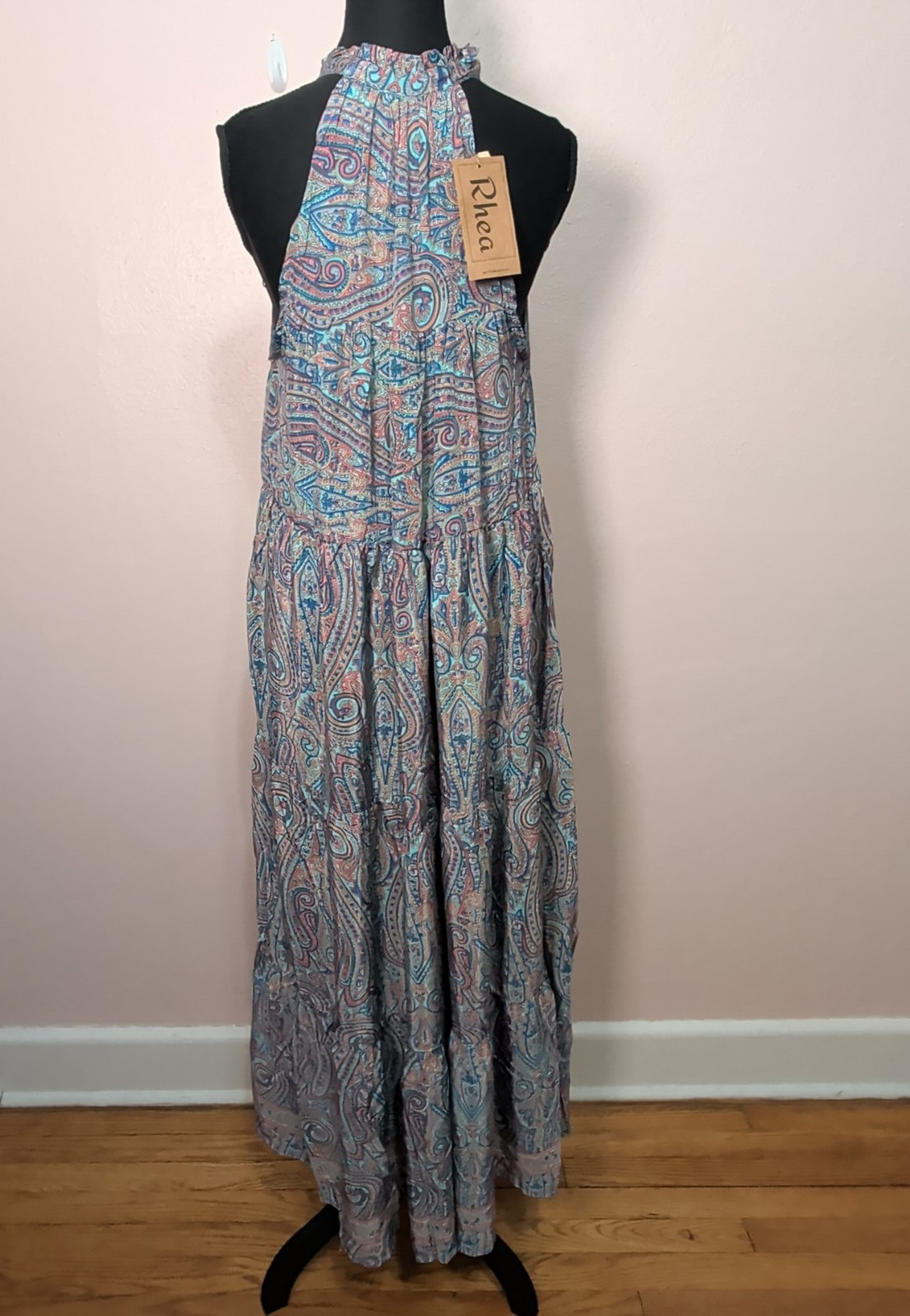 Rhea Women One Size Silk Blend Teal Pink Paisley Maxi Dress Boho Tiered Festival