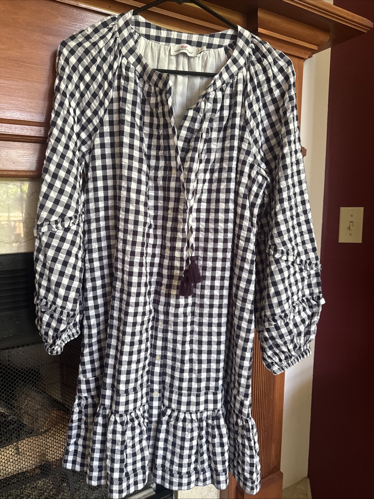 Vineyard Vines Black/White Gingham Dress Small Trim Tassels Preppy