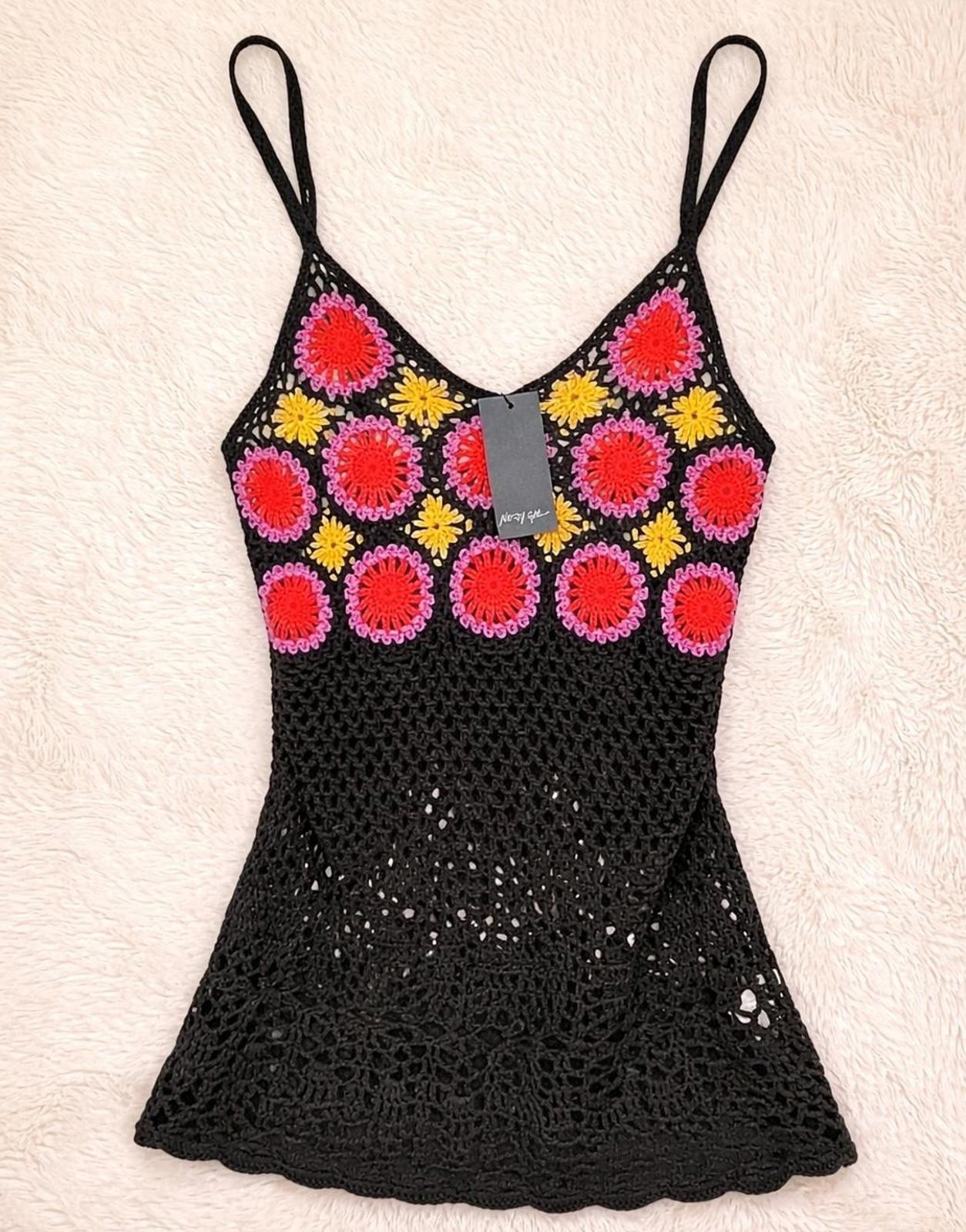 Nasty Gal Black Crochet Floral Cami / Mini Dress – Festival Y2K Vibes – BNWT