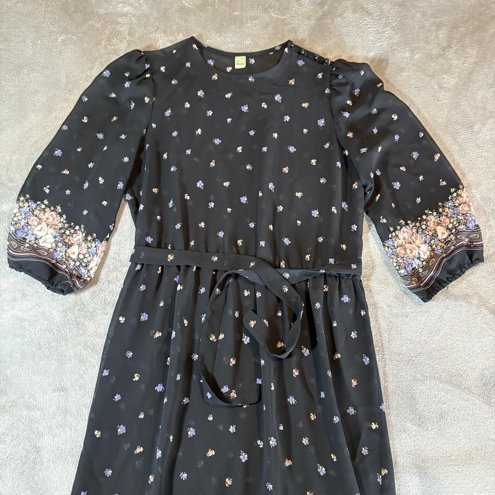 Vintage Floral Midi Dress Womens Size 10 Black Sheer Belted Puff Sleeve 70s 80s