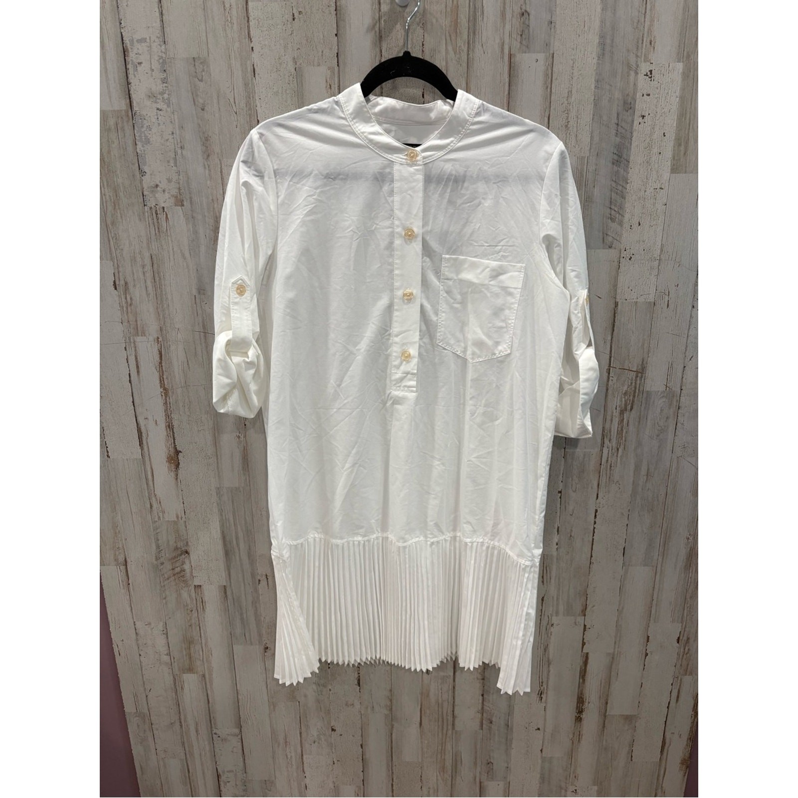 Banana Republic White Pleated Hem Mini Shirtdress Band Collar S Workwear Minimal