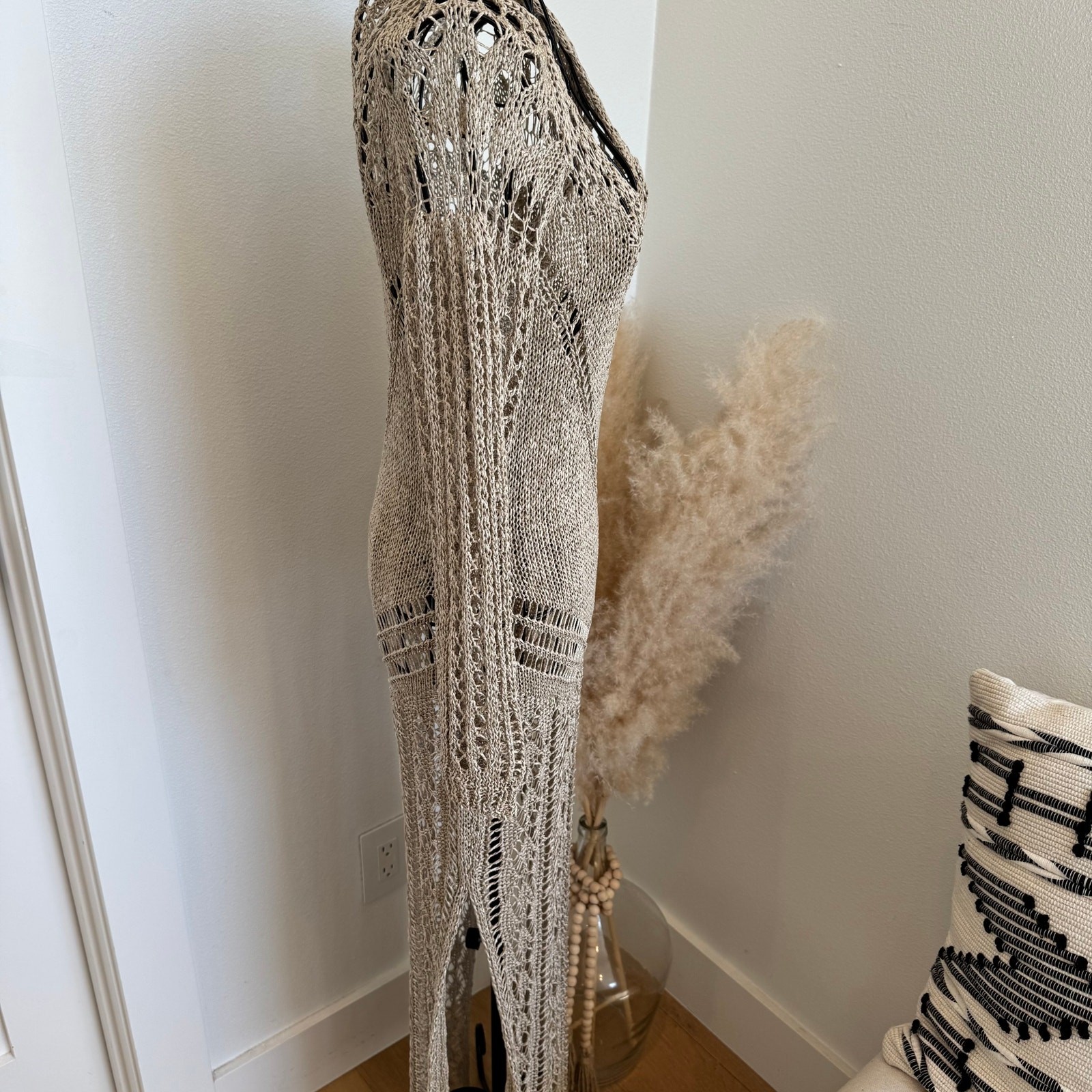 Woolnet Greece Metallic Bronze Gold Crochet Knit Maxi Dress Resortwear