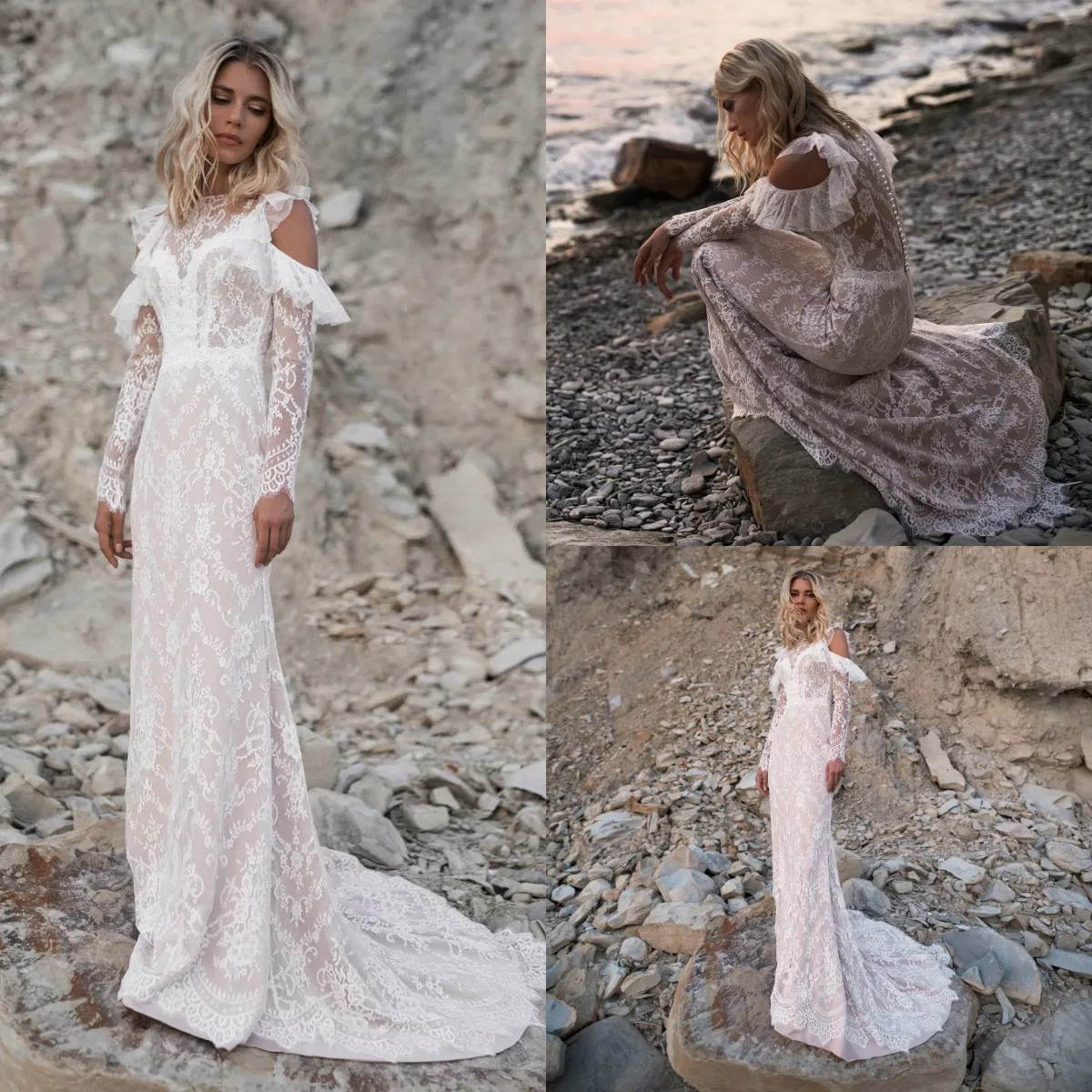 Simple Mermaid Wedding Dress with Long Sleeves and Gemstone Collar Bridal Gown