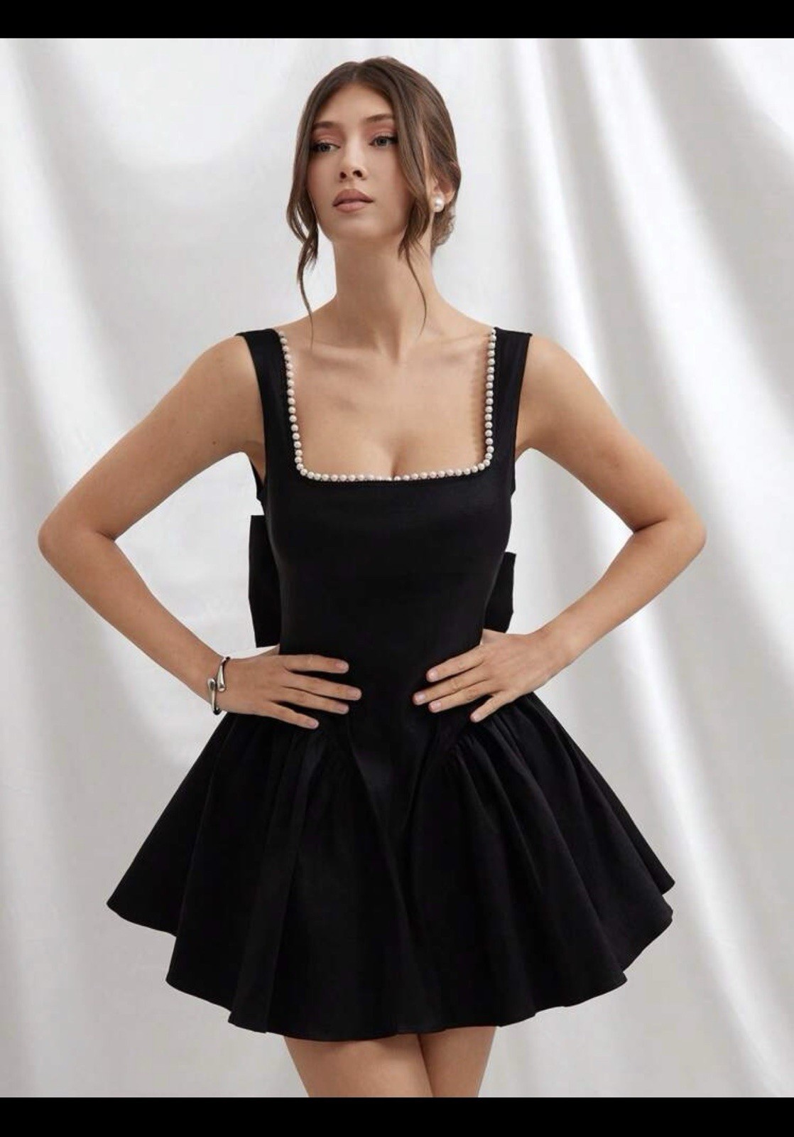 Black Mini Dress, Pearl Trim, Bow Accent, Square Neck, Strappy Sleeveless M