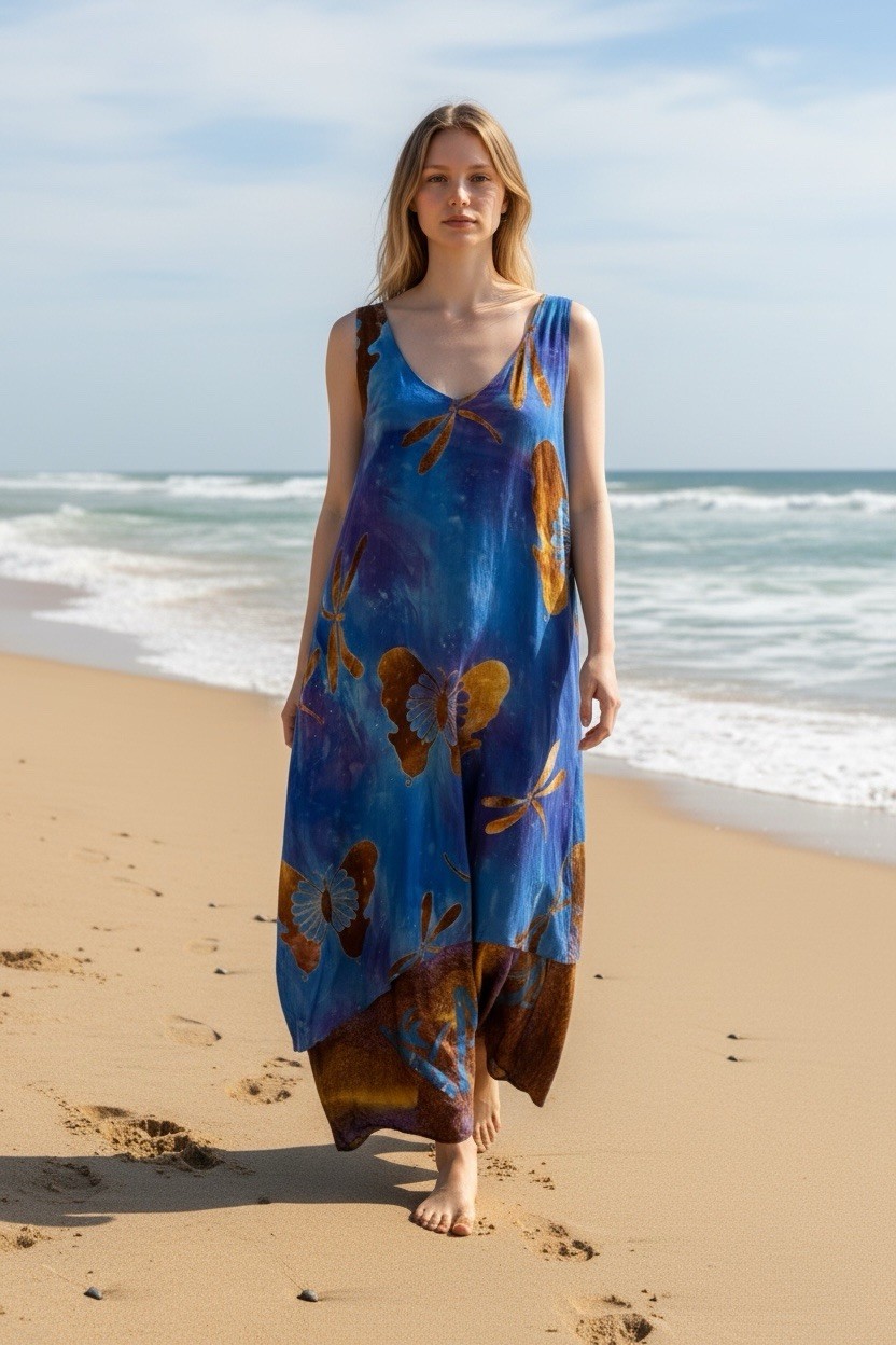 Tropical Tantrum Rayon Butterfly Dragonfly Maxi Dress Blue Brown M Art to Wear