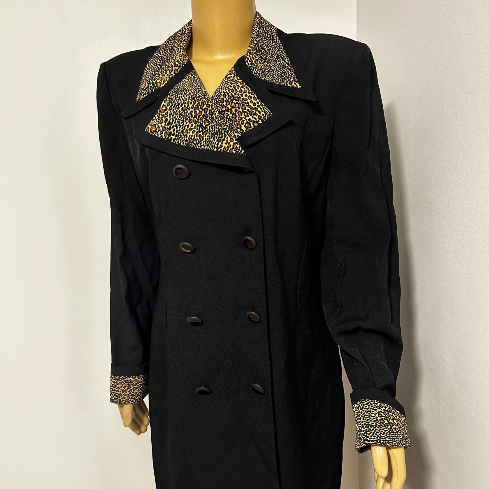 Lois Snyder Dani Max Vintage 80s Black Blazer Dress Leopard Double Breasted 16