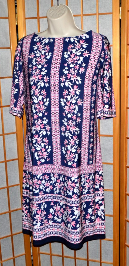 NWT Jessica Howard Pink~White&Navy Blue Lined Stretch Knit Sheath Dress Sz. 14