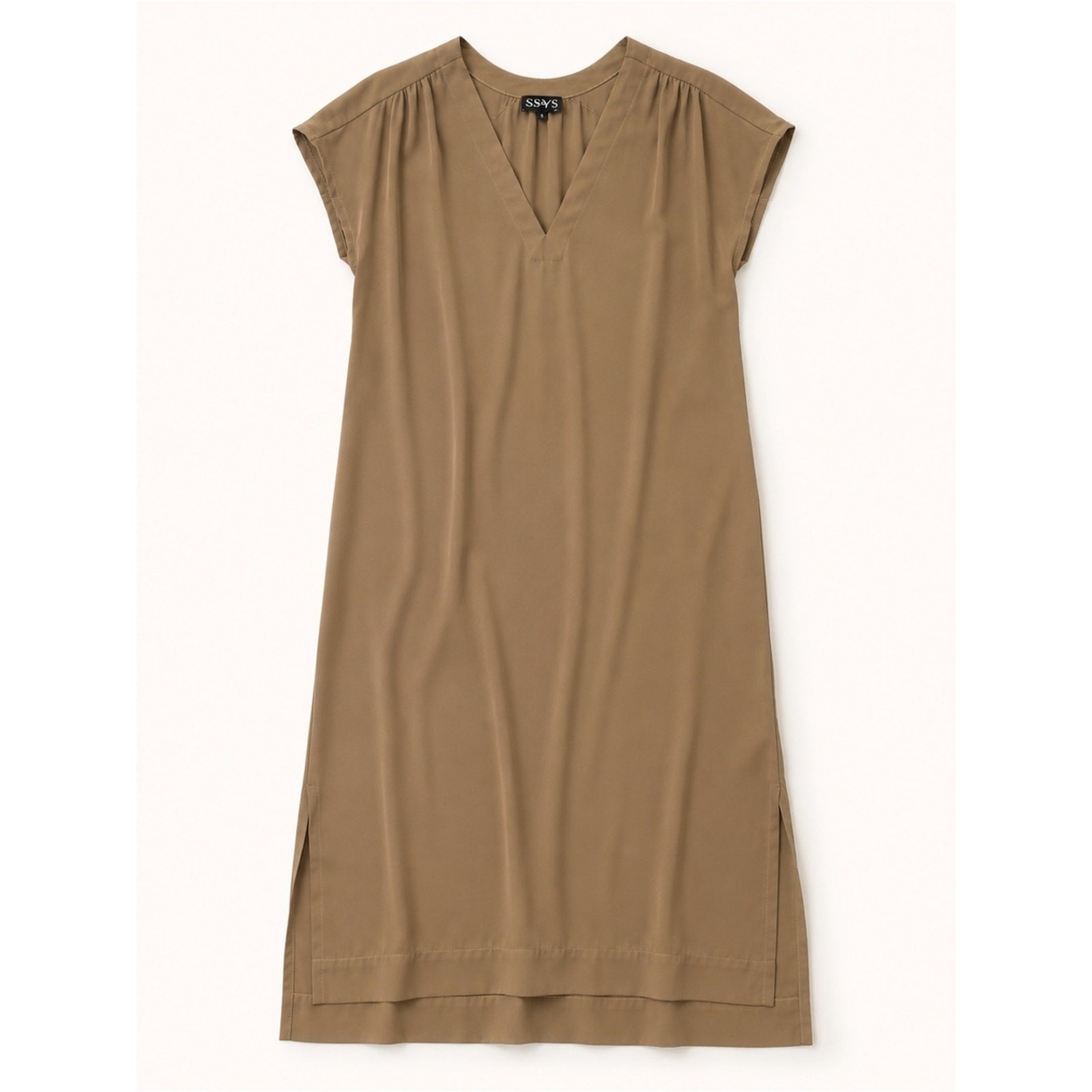 SSYS The Label | Light Mocha Midi Shift Dress V Neck Cap Sleeve Minimalist Small