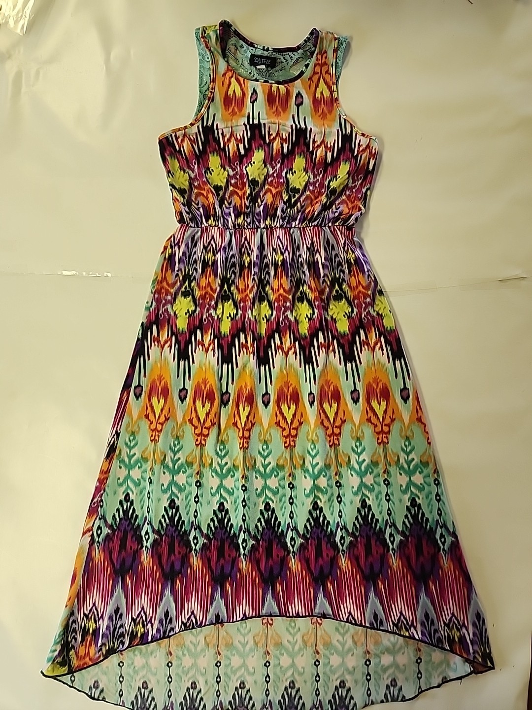 Squeeze Multicolored Elastic Waist Lace back Sleeveless Maxi Dress sz L