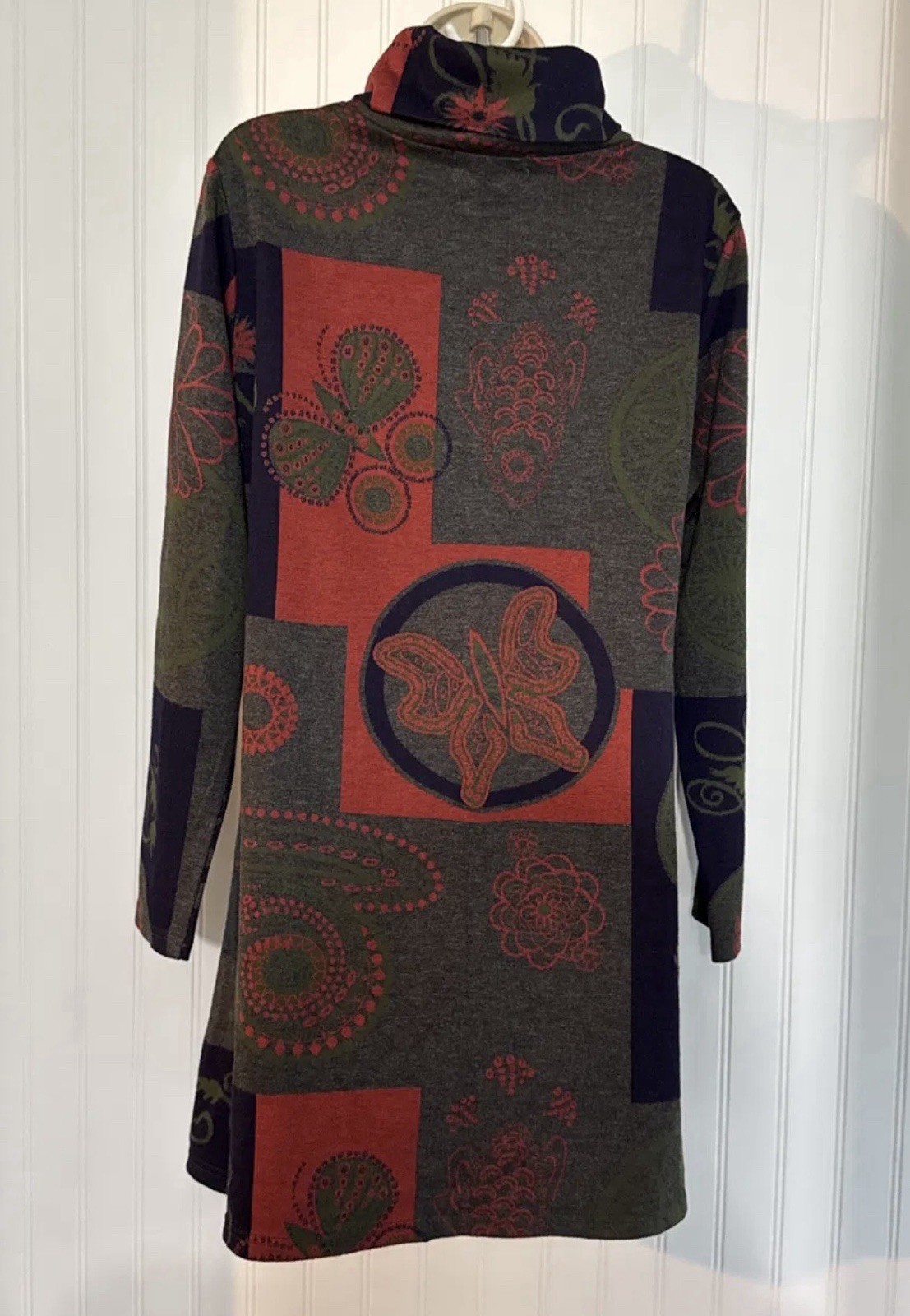 RADZOLI Soft Knit Cowl Neck Swing Dress Artsy Floral Butterfly Boho Tunic L