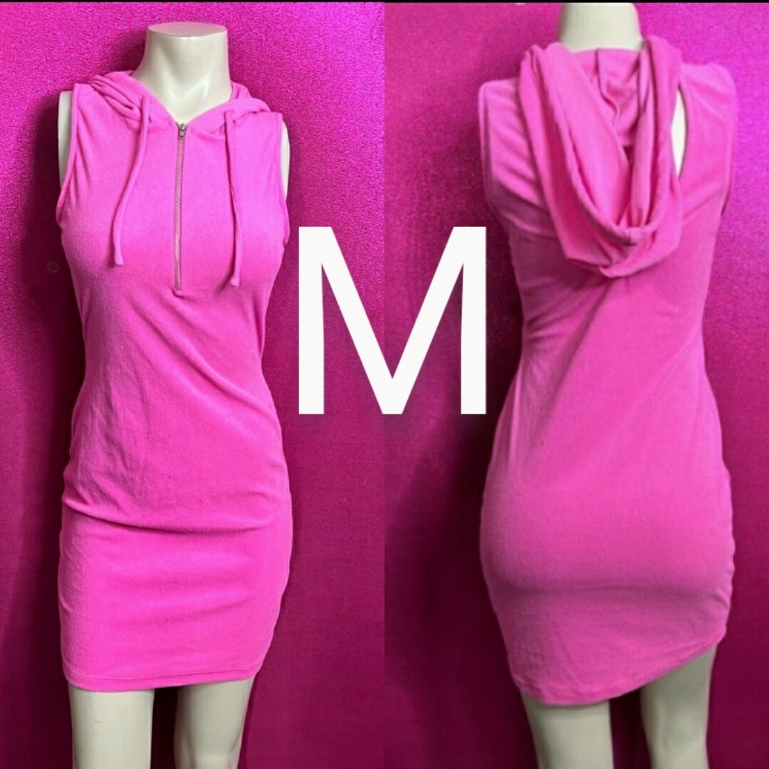 🆕Pink Front Zipper Open Cut-Out Back Bodycon Hoodie Mini Dress Size M