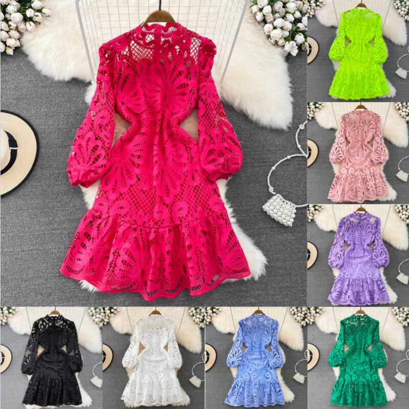 Women Puff Long Sleeve Ruffle Lace Midi Dress Hollow Out Retro Elegant New Dress