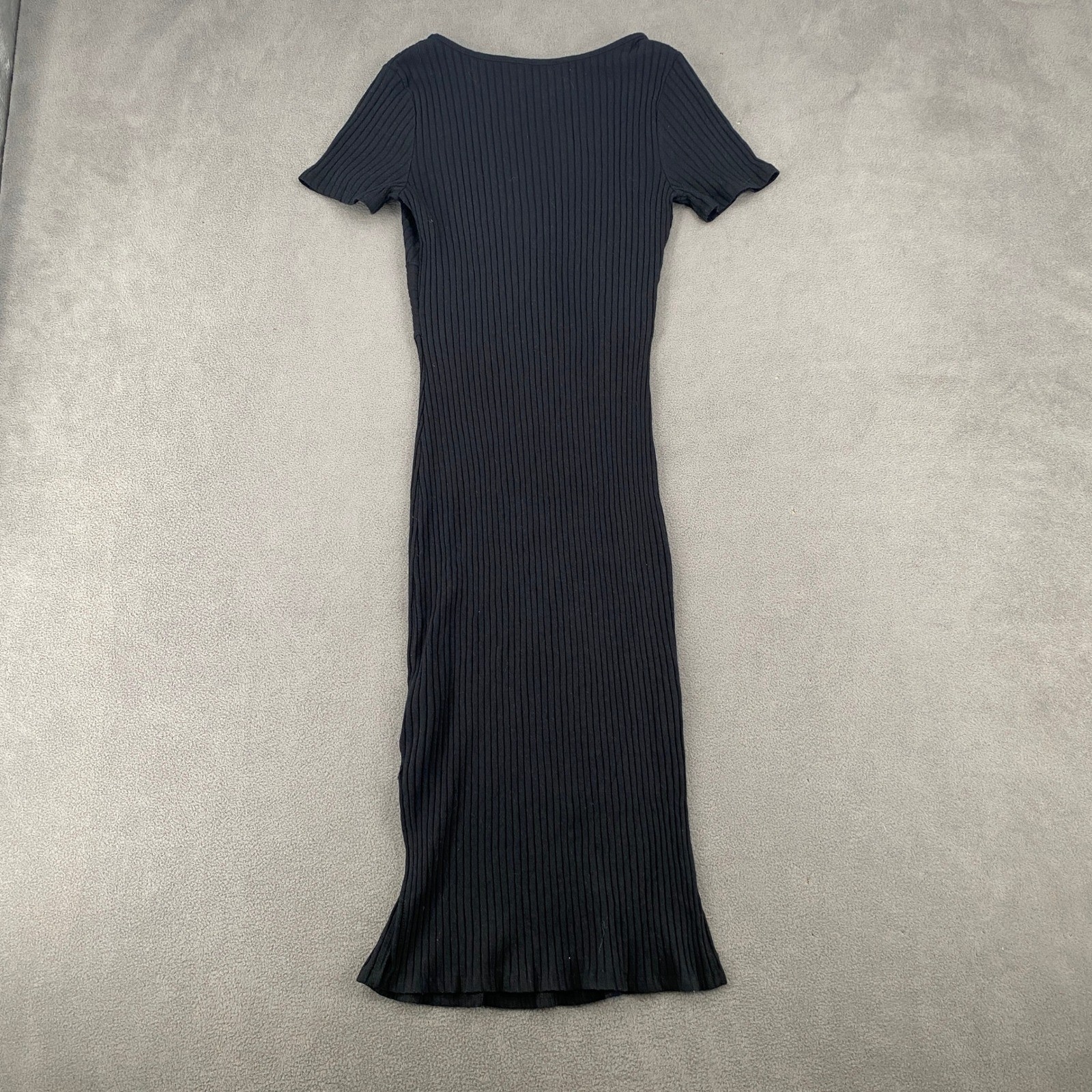 Everly Black Ribbed Twist Front Short Sleeve Midi Bodycon Dress Side Slit Size M
