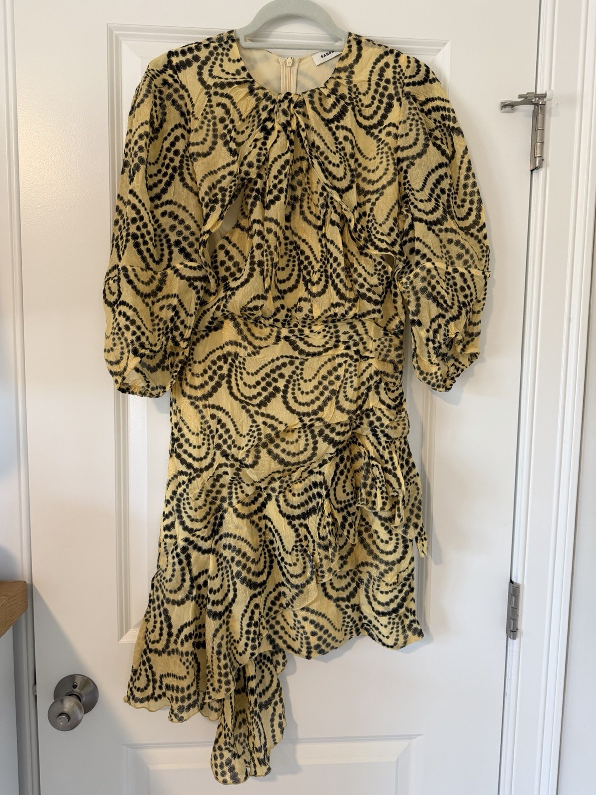Sandro Yellow Black Abstract Ruffle Mini Dress 3/4 Balloon Sleeve Size 40