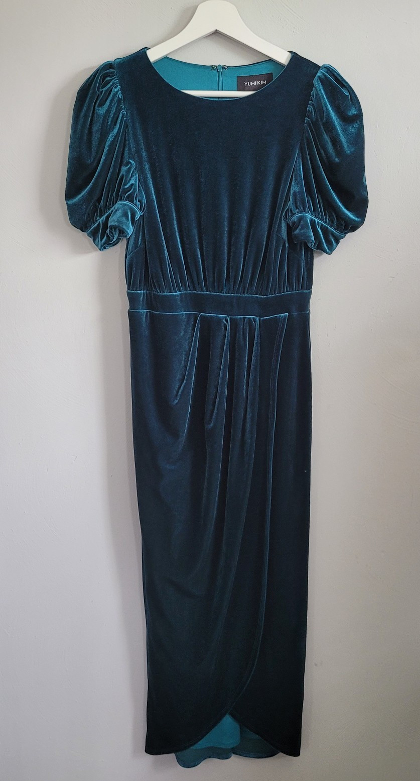 YUMI KIM Dress Womens Size SMALL S/4 Tamra Midi Jewel Emerald Velvet Puff Sleeve