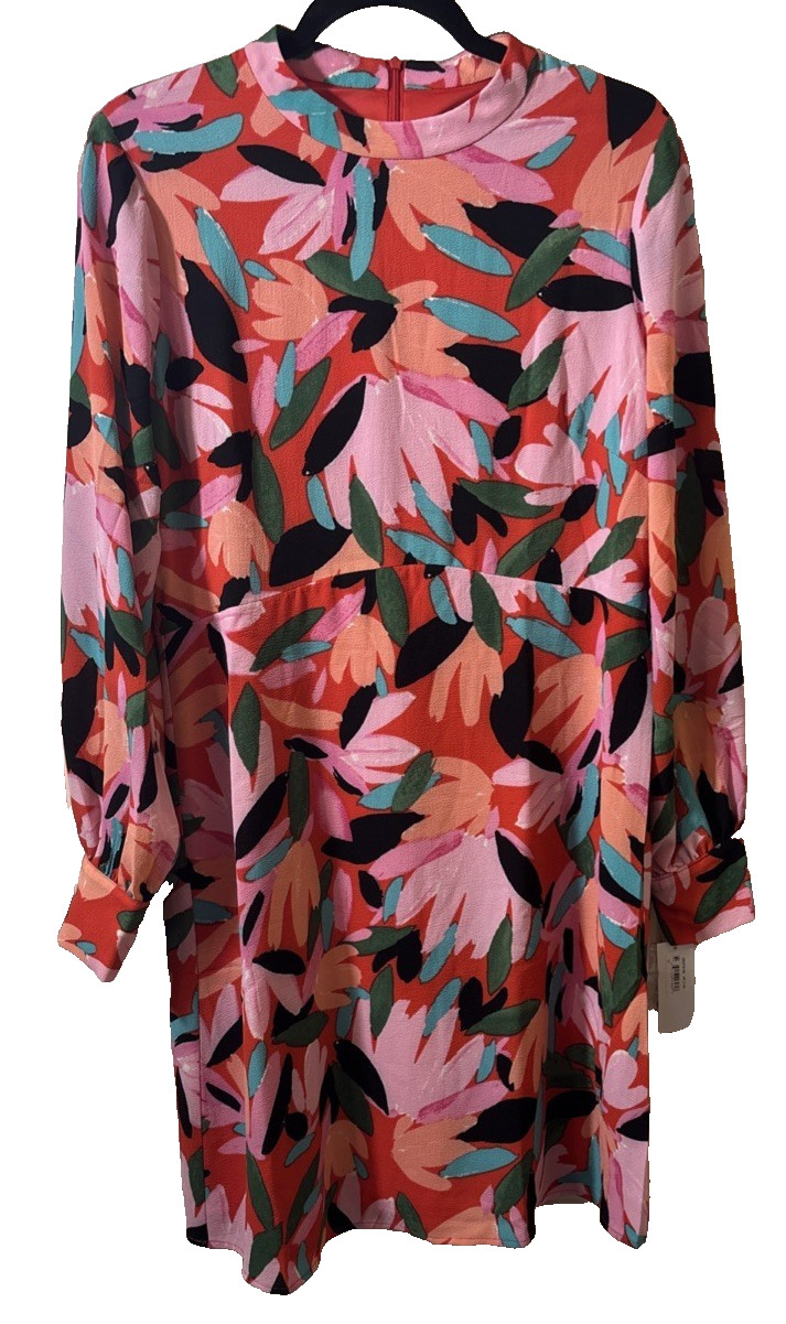 Donna Morgan High Neck Floral Mini Dress Womens 12 Long Sleeves Button Cuff New