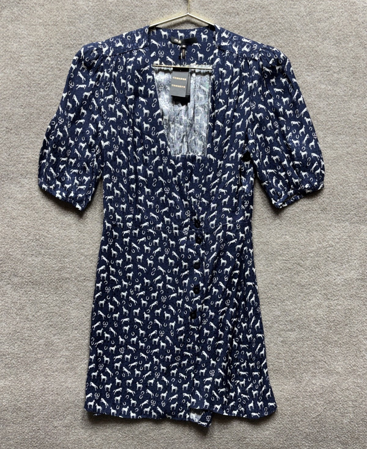 Maje Jacquard Wrap Mini Dress Women 36 Navy Blue Horse Shoe Print Button Up NWT