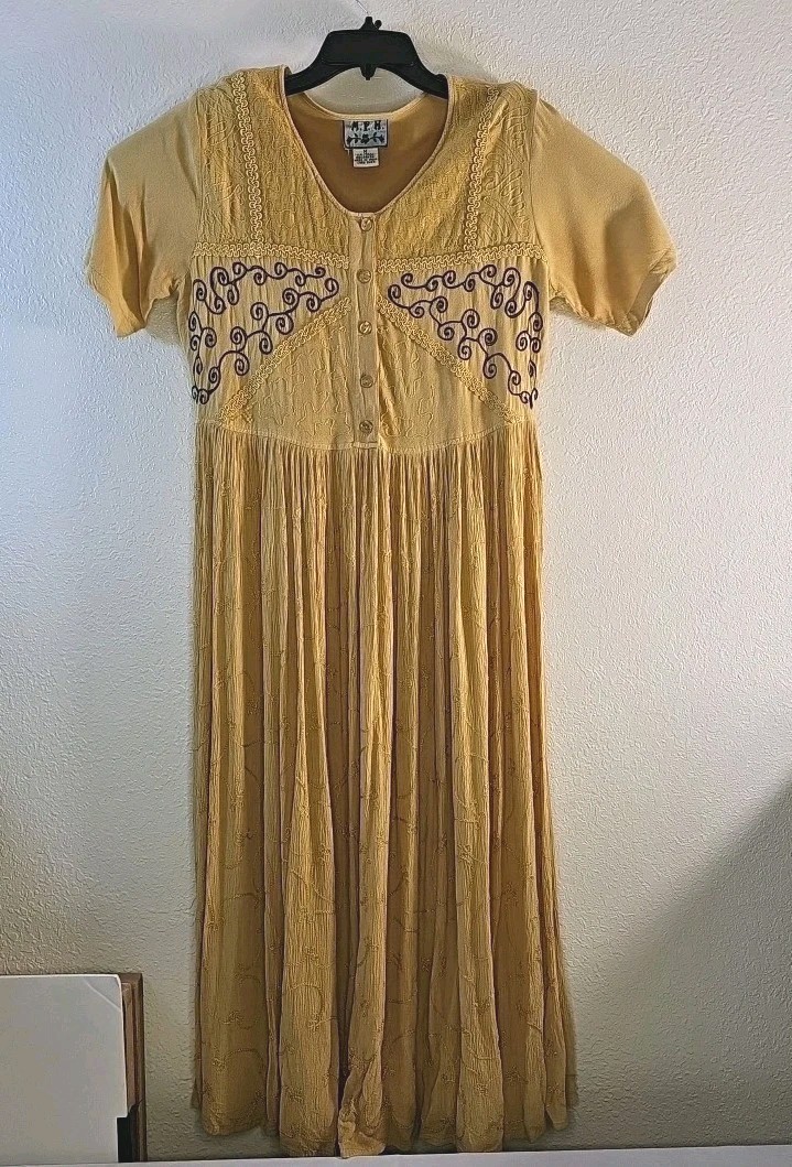 MPH Dress Women M 100% Rayon Maxi Folk Embroidered Boho Prairie Vintage 70s