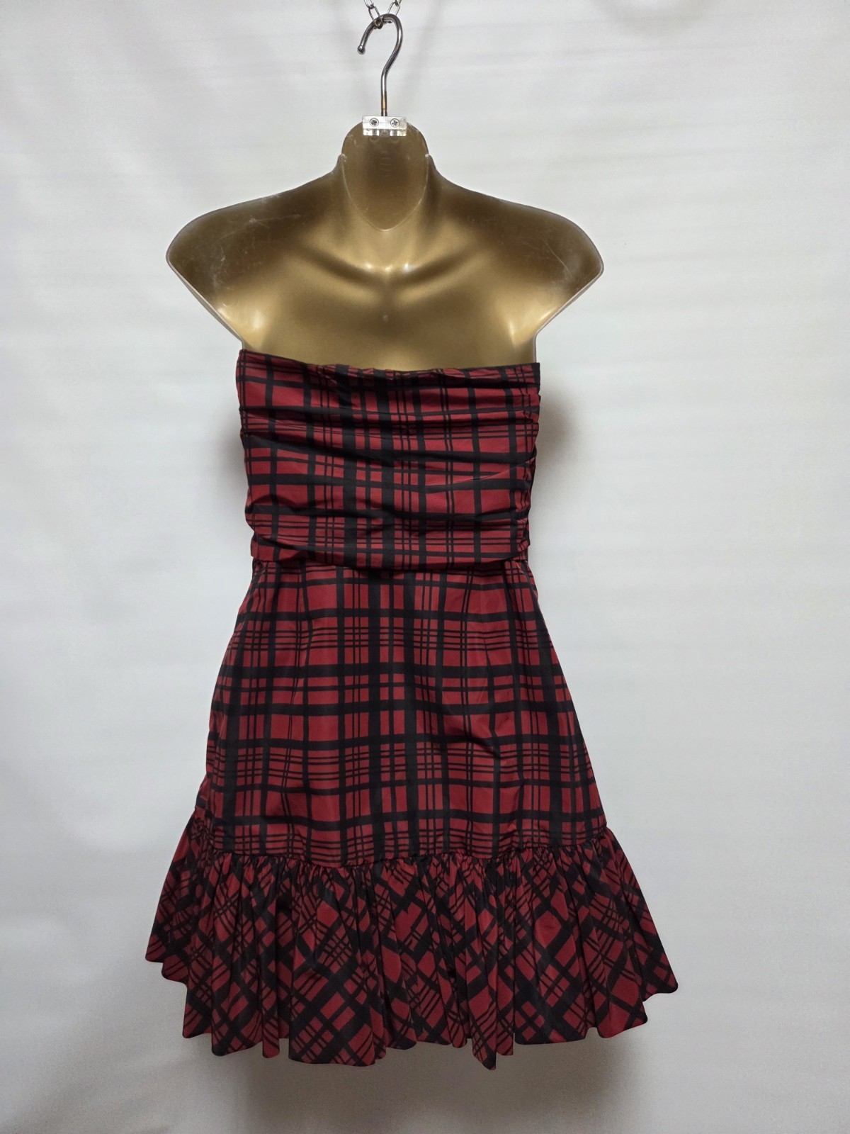 LoveShackFancy 8 Red Black Plaid Strapless Sheath Mini Dress Bow Ruffle Hem