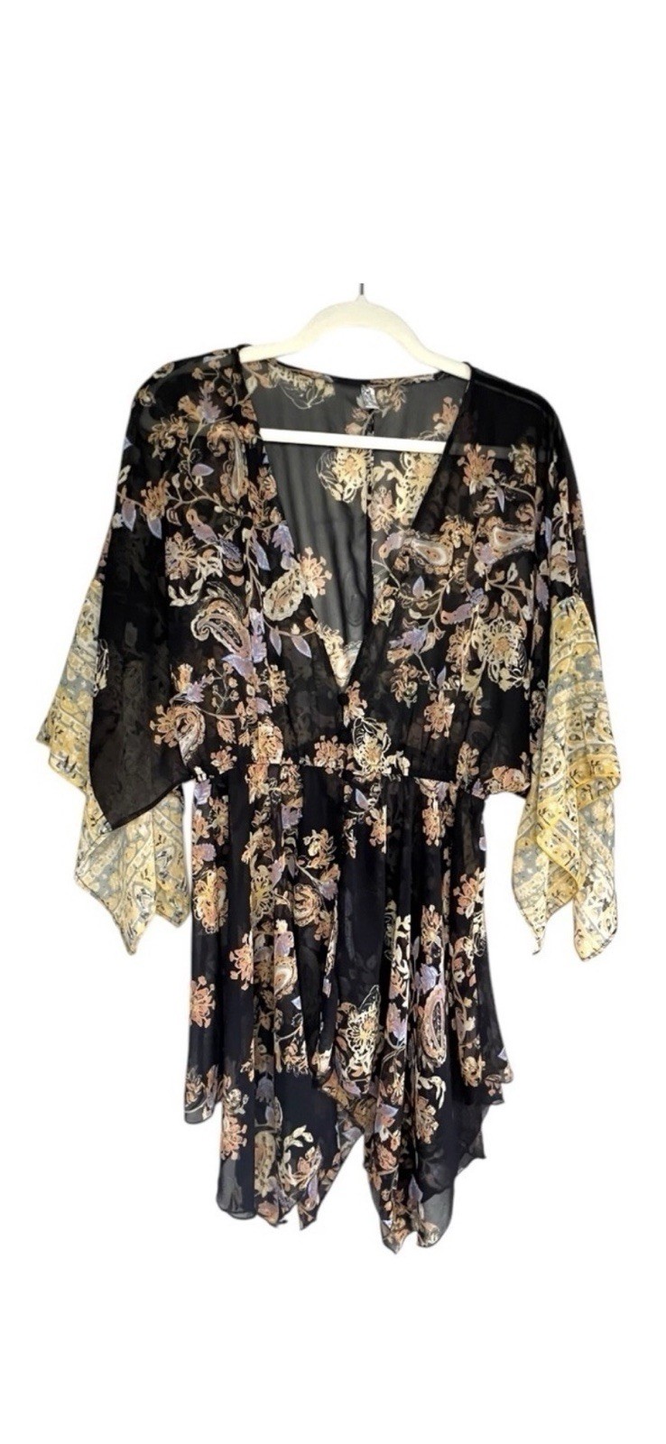 Free People Dream State Set Black Combo Yellow Floral Boho Smocked S NWOT $148