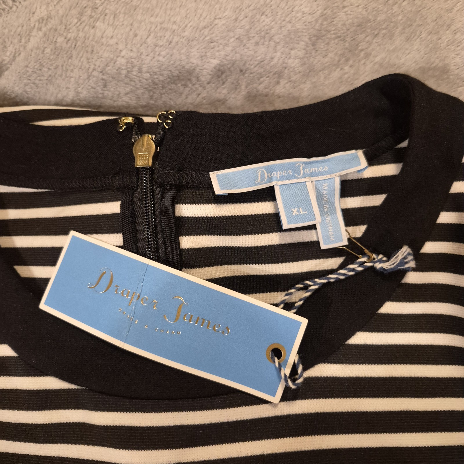 NWT Draper James Women’s Black White Striped Knit A-Line Dress XL Round Neck Zip