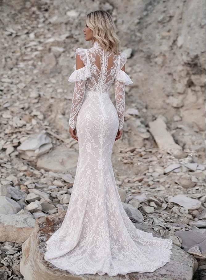 Simple Mermaid Wedding Dress with Long Sleeves and Gemstone Collar Bridal Gown