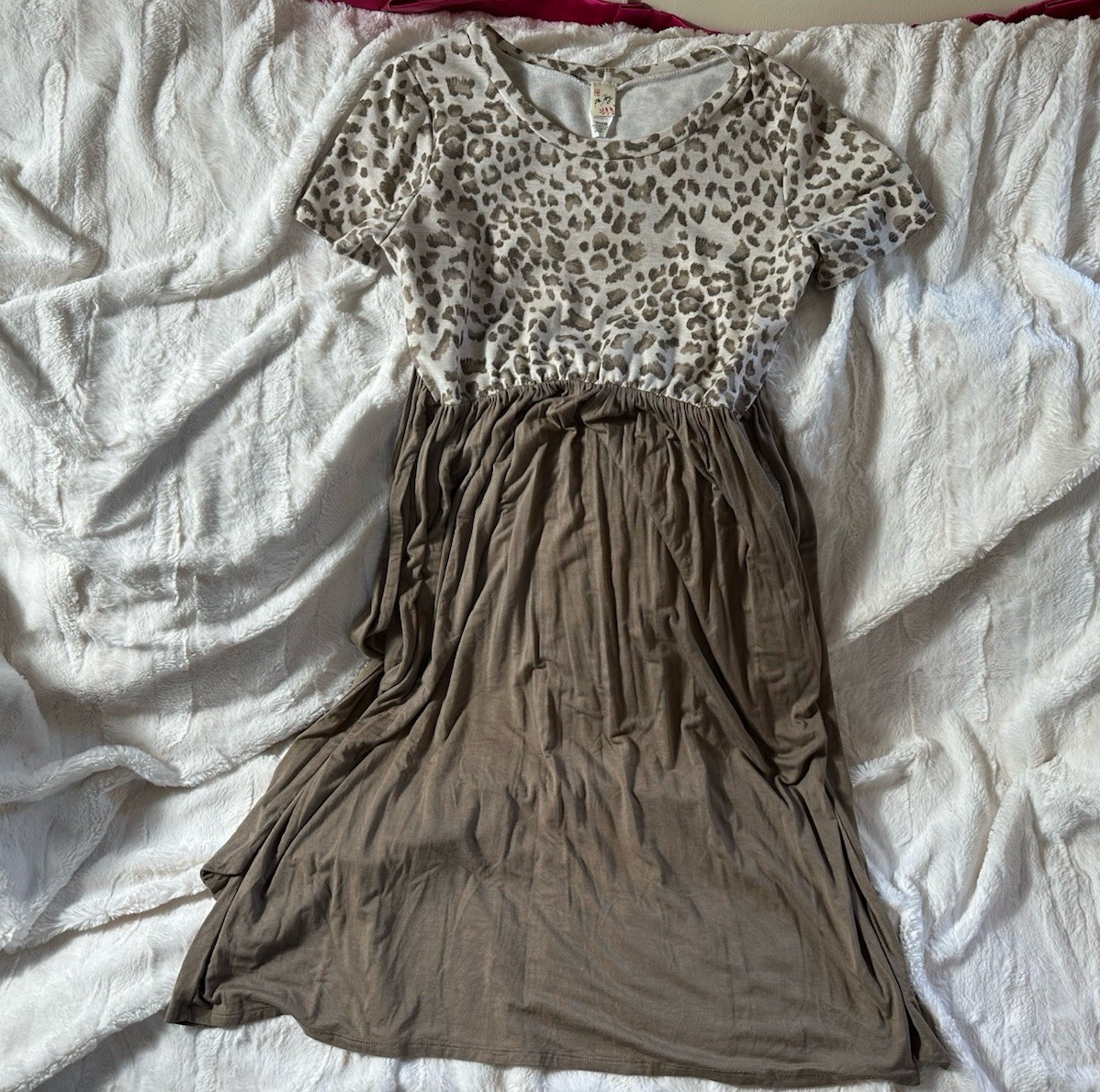7th Ray Brown Leopard Animal Print A-Line Knee Length Dress Cap Sleeve Size L