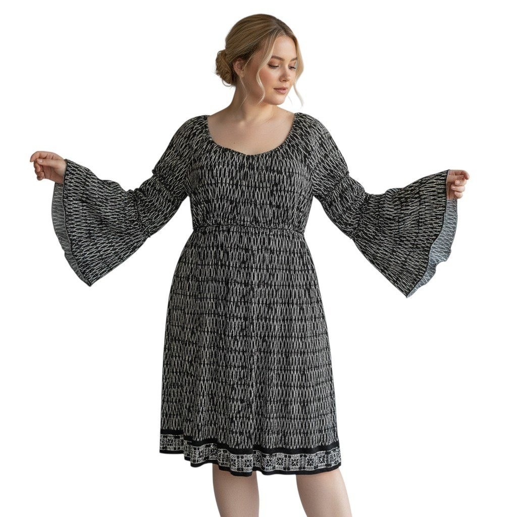 Max Edition Womens XL Black White Geometric Bell Sleeve Smocked Waist Midi Dress