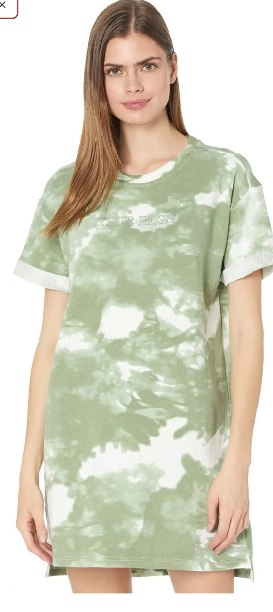True Religion Spellout Green Tie Dye Short Sleeve Tee Dress crew neck SM S M