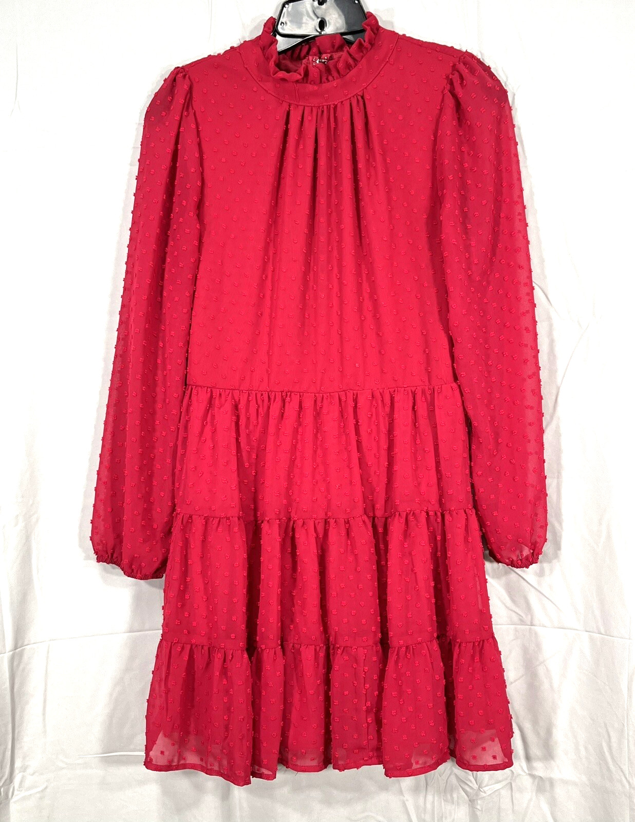 FRANCESCA’S Mi Ami RUBY RED Swiss Dot Chiffon SHEER BACK/SLEEVES Tiered Dress M
