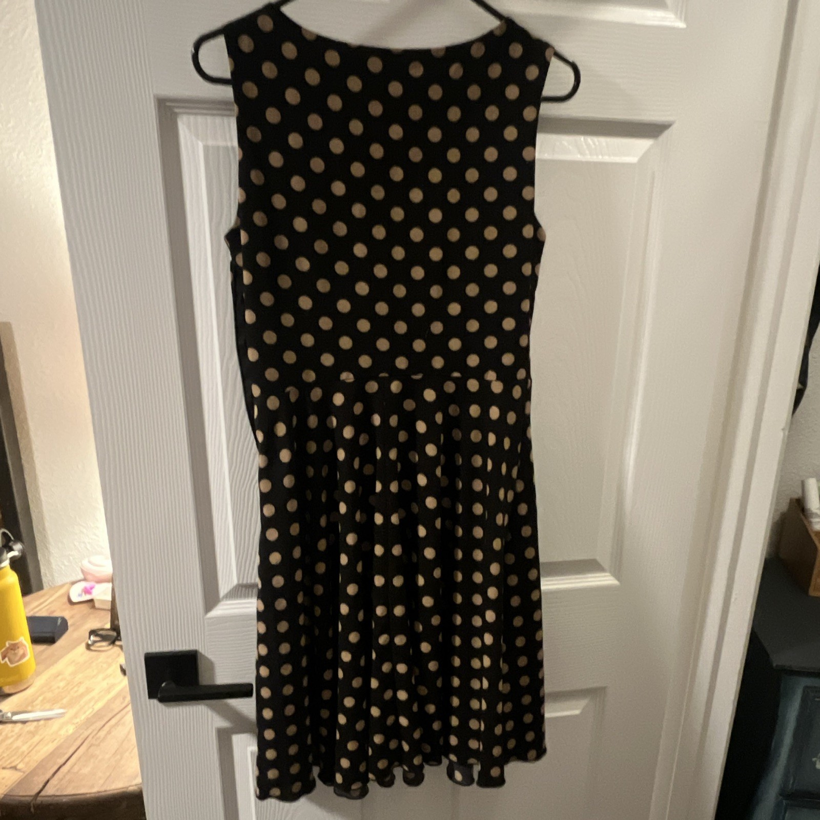 Enfocus Studio Womens 6 Black Beige Polka Dot Cowl Neck Fit & Flare Dress