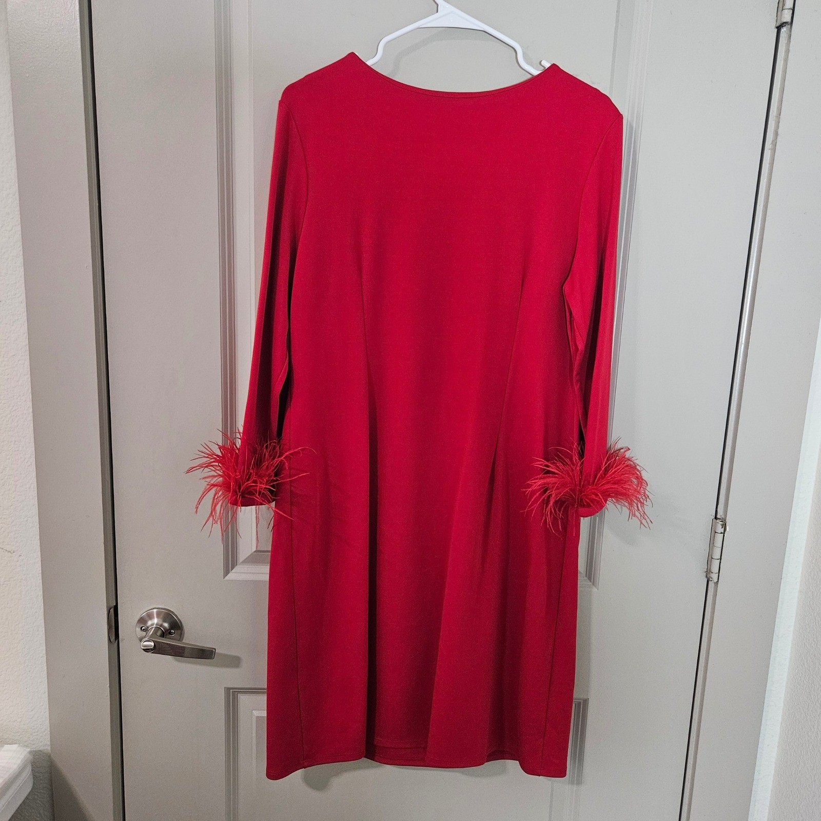 Jude Connally Red Feather Cuff Long Sleeve Shift Dress Womens Large NWT NEW