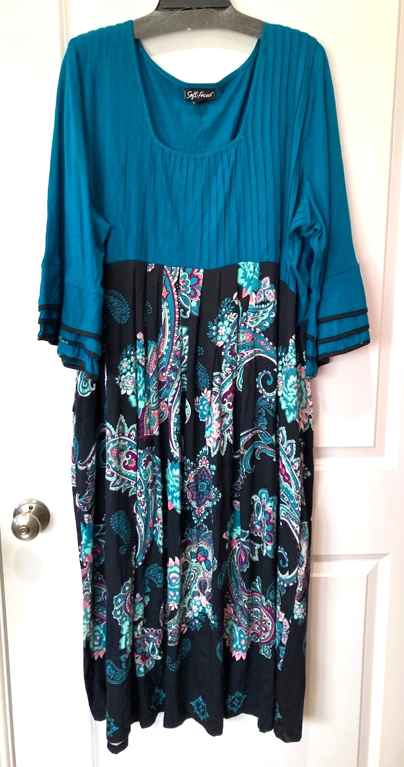 Soft Focus Women’s Plus Size Floral Dress Sz 1X 22/24 Boho Bell Sleeves Paisley