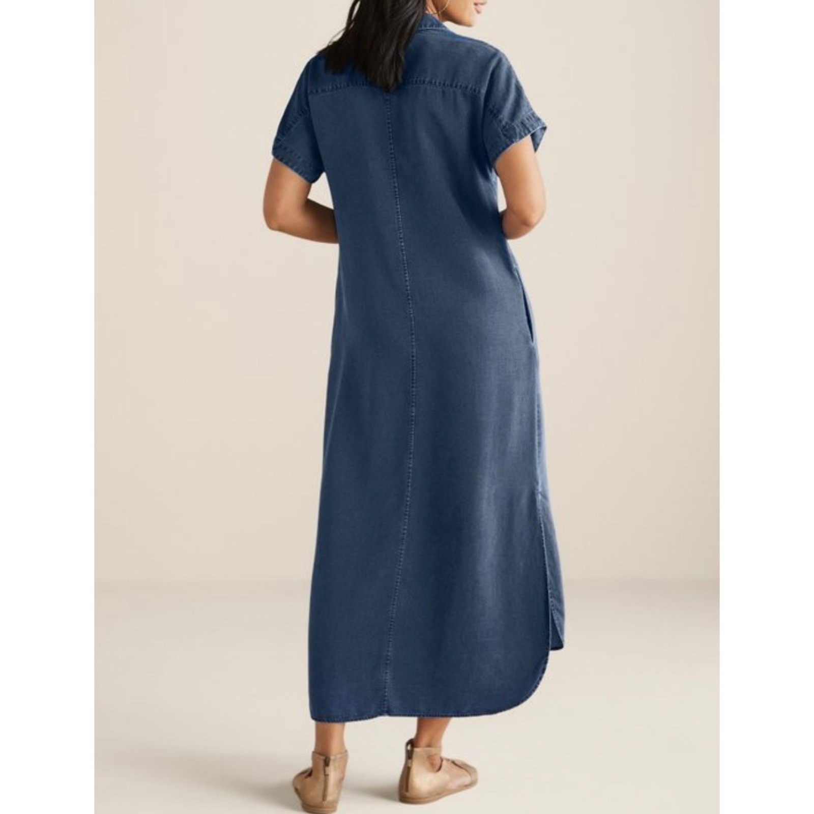 Soft Surroundings Button Up Chambray Midi Shirtdress Large Coastal Boho Western