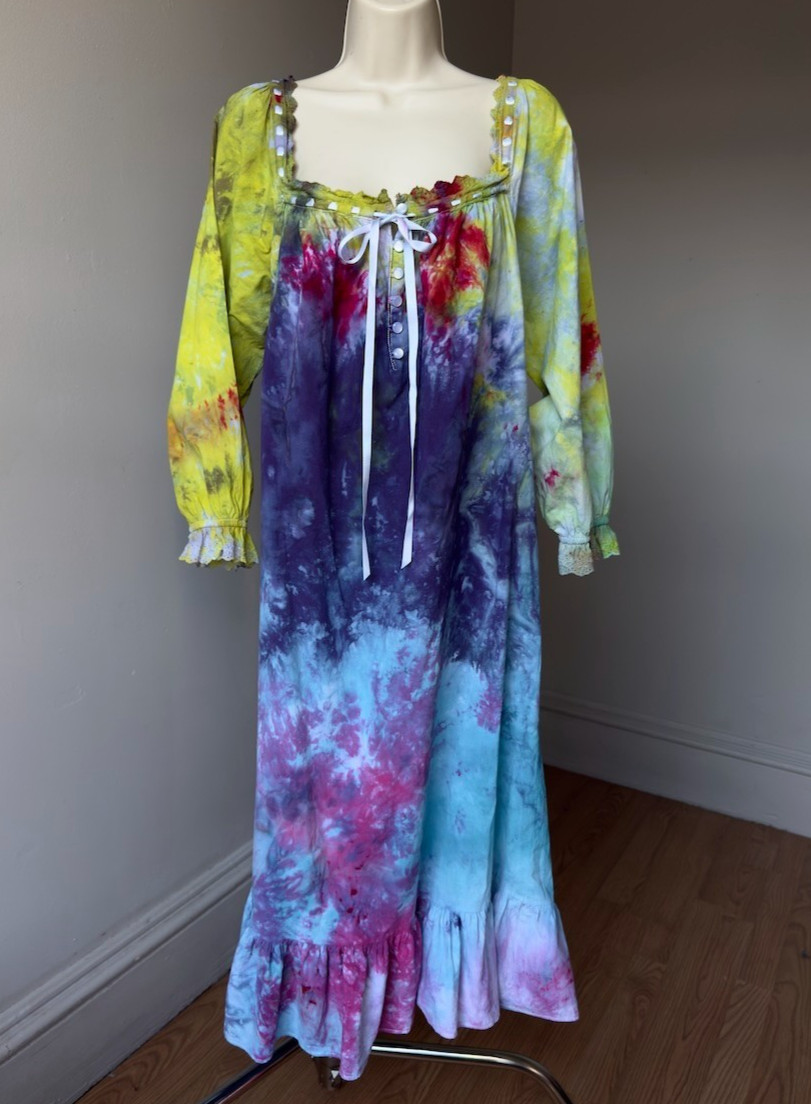Tie Dye Cotton Dress Women’s L Galaxy rainbow Festival square neckline slip On