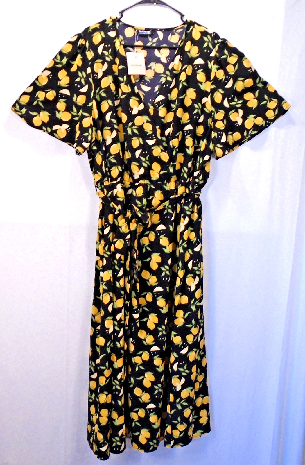 Bloom Chic Lemons on Black Maxi Dress Flutter Sleeves Faux Wrap XL/2XL New
