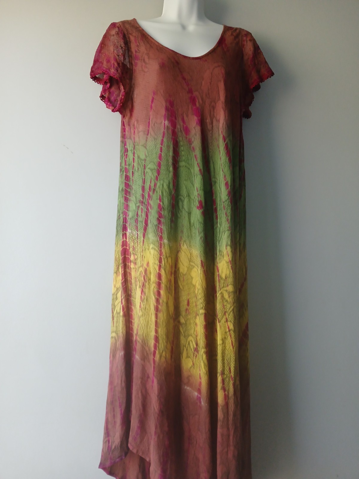 Sakkas Boho Caftan Dress Kaftan Rayon Hippy Tie Dye Multi Cap SLV Multi Sheer OS