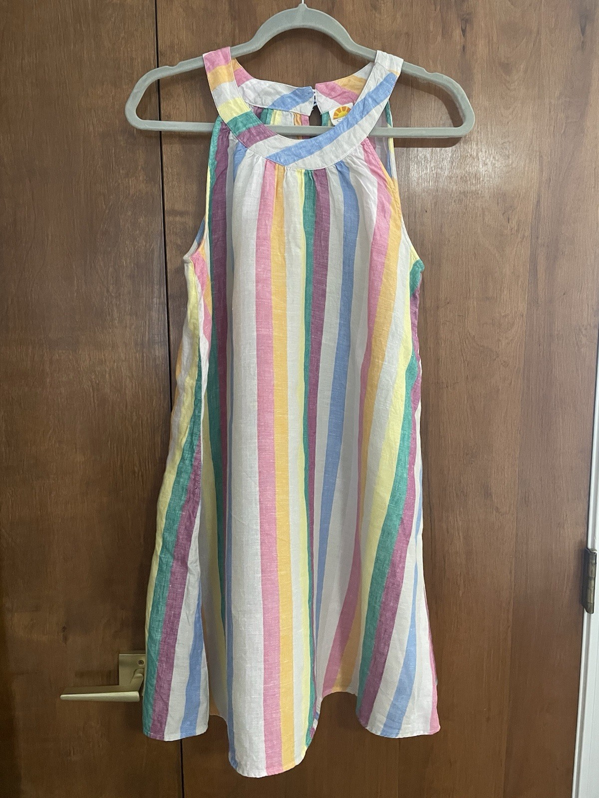 C&C California 100% Linen Pastel Striped Shift Dress Round Neck, Size M