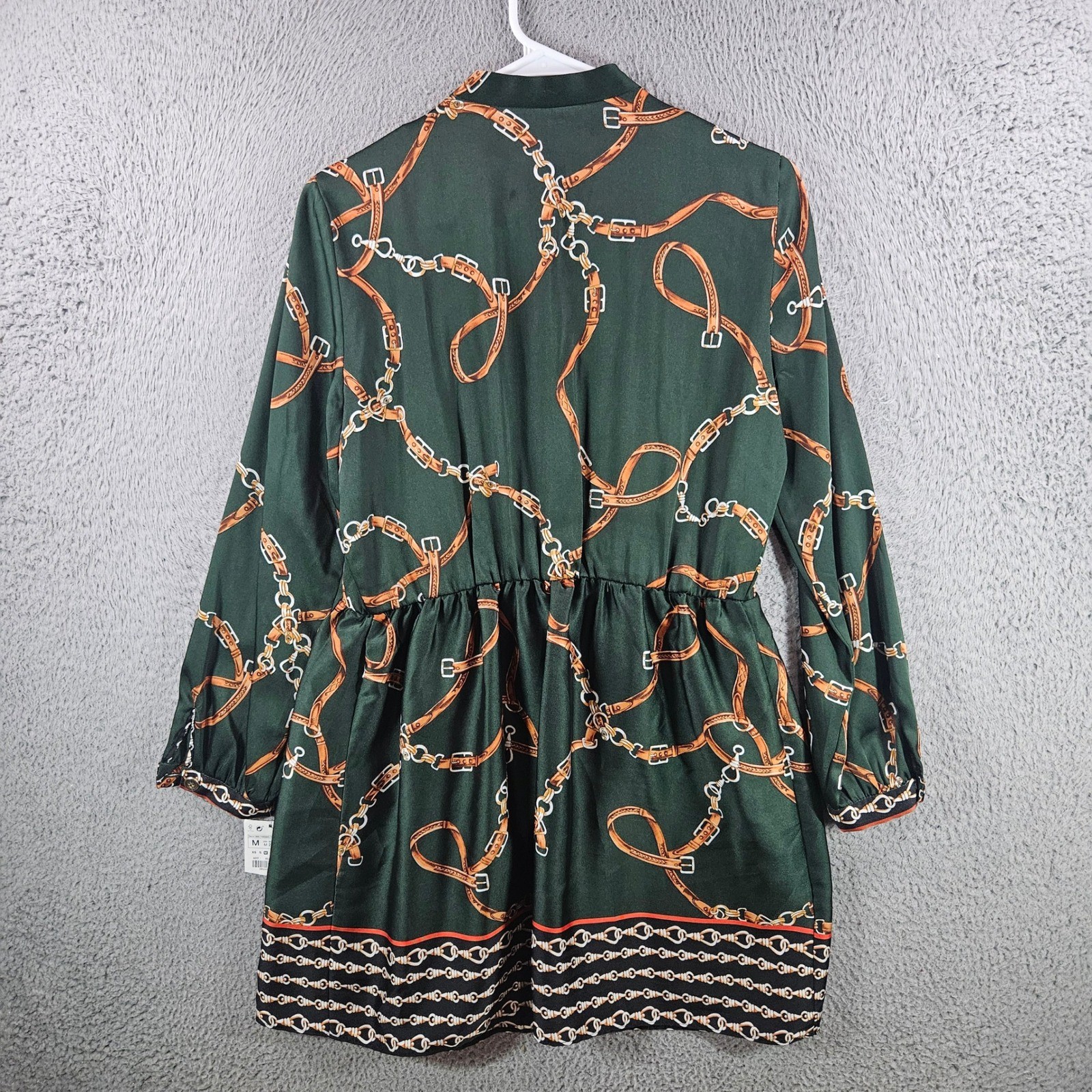 Zara Basic Green Equestrian Chain Belt Print Pleated Mini Dress Womens Sz M NEW