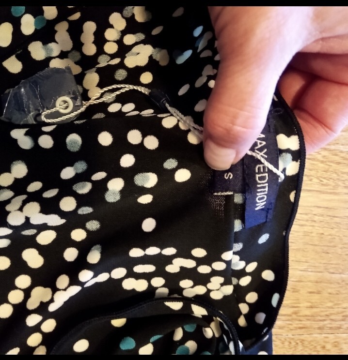 NWT- Max Edition dress. Black with cream, & blue polka dots. Size Small.