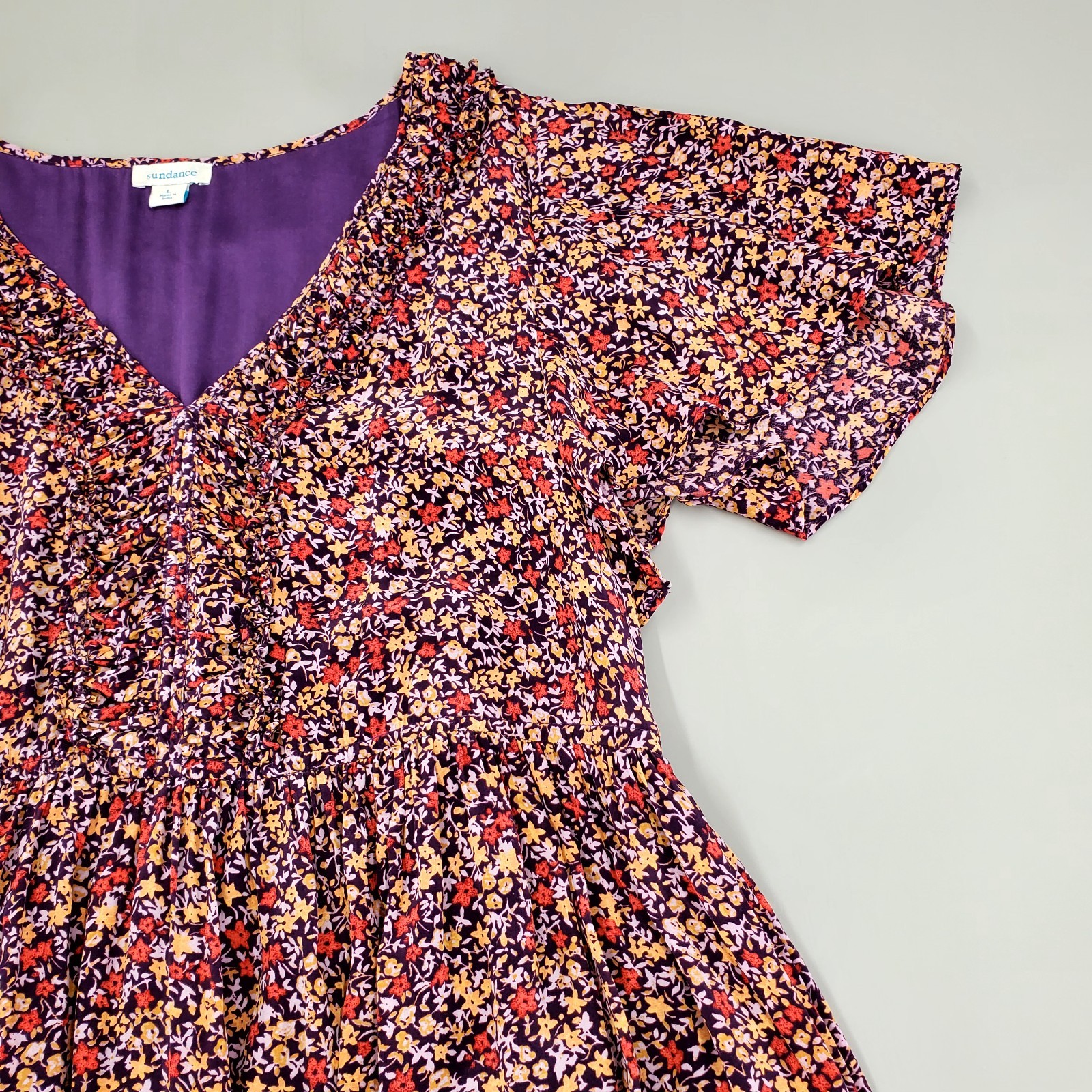 Sundance Womens Size L Boho Dress Mulberry Crepe Floral V Neck Flutter Sleeve