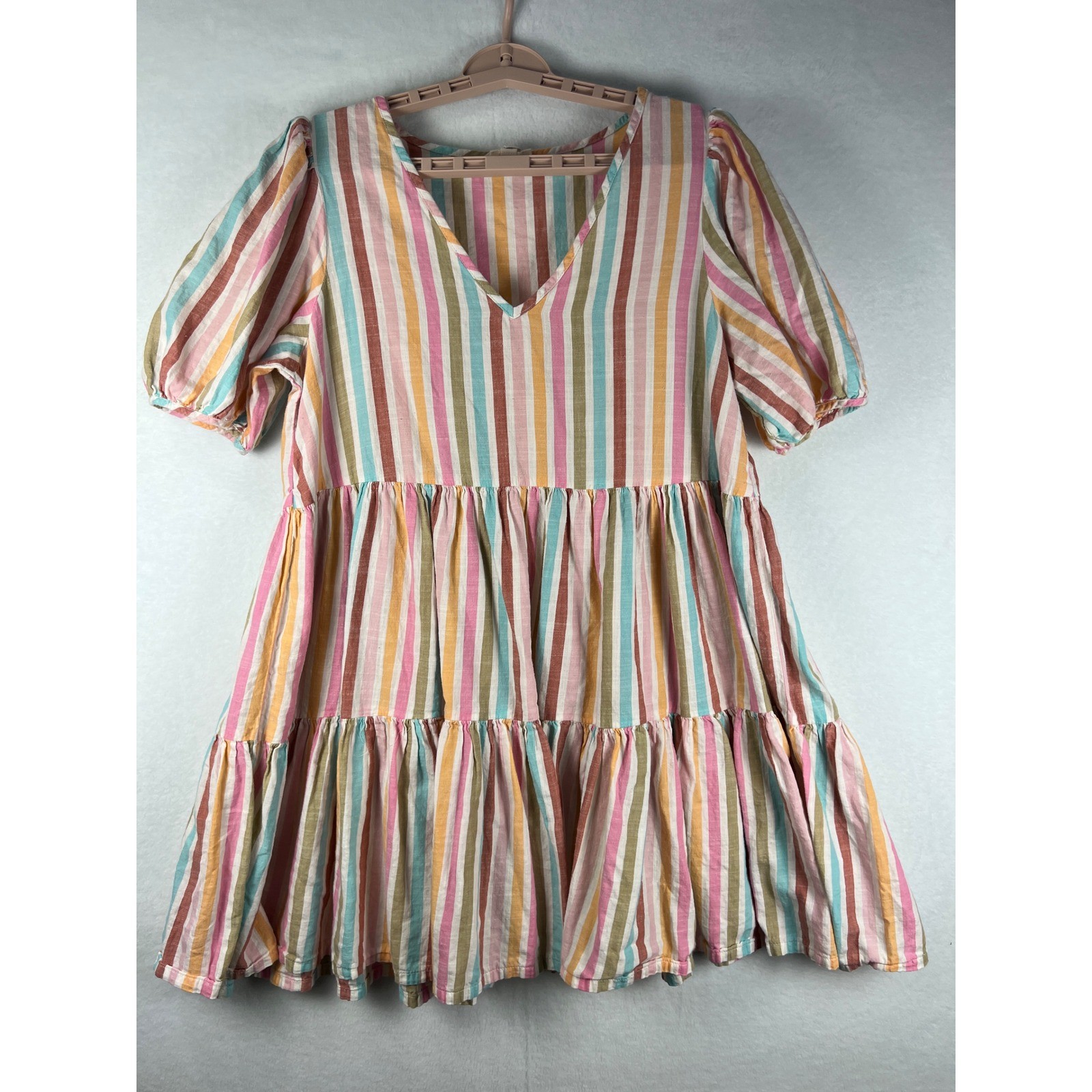 a.n.a A New Approach Pastel Stripe Tiered Babydoll Dress Puff Sleeve Boho linen