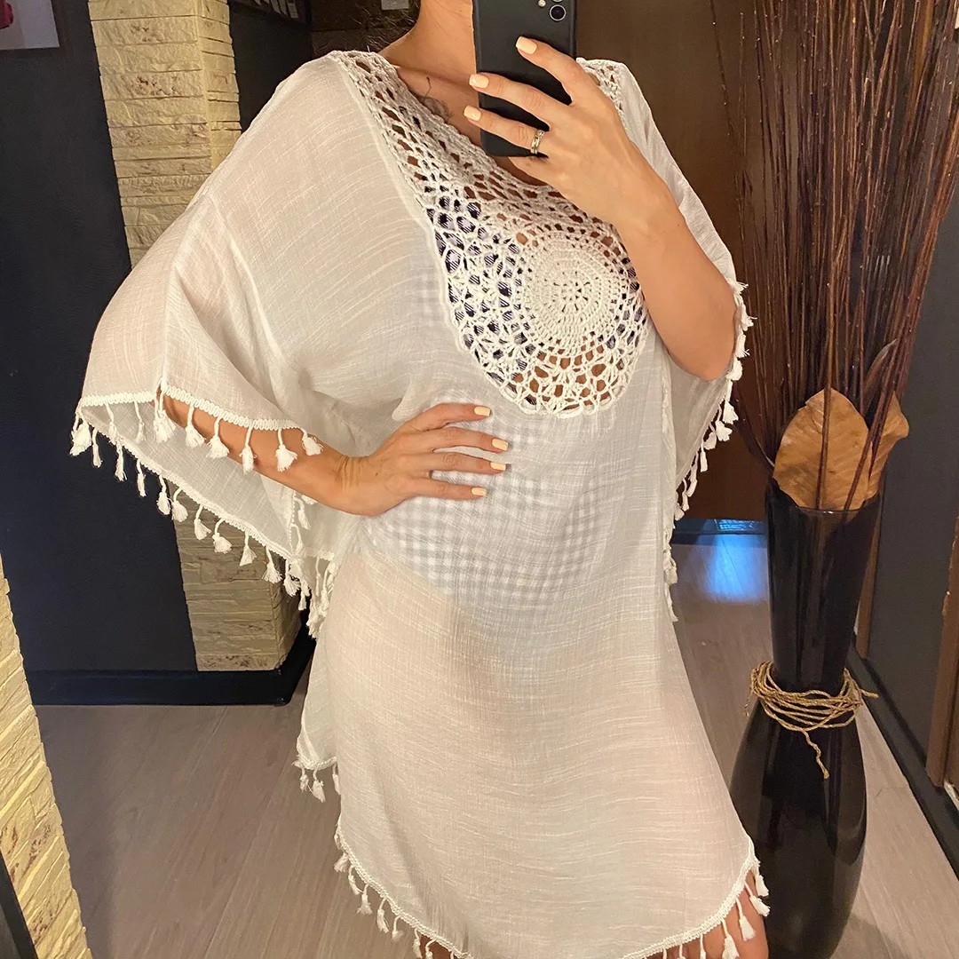 New Fringe Tassel Embroidery Half Sleeve Tunic Beach Cover Up Beach Dress